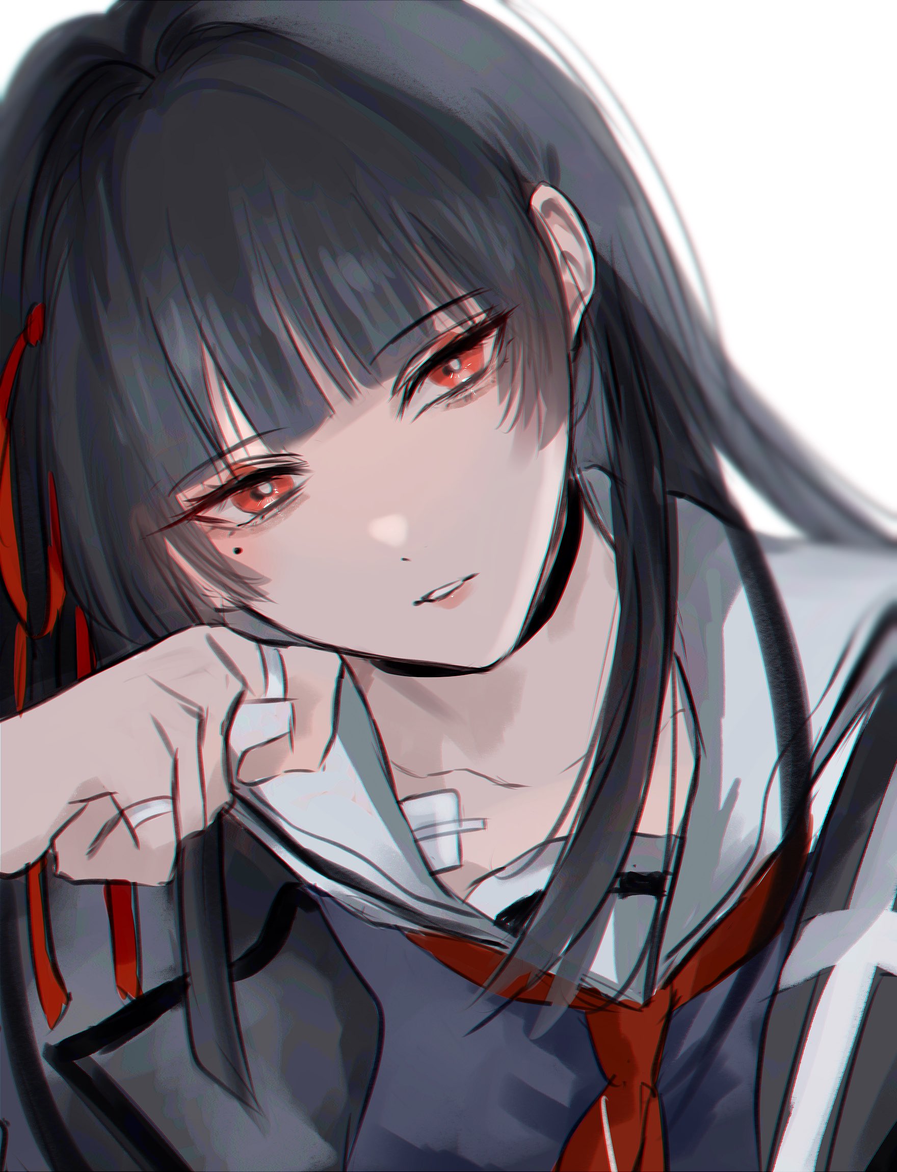 wu yuuri, chisa (wuthering waves), wuthering waves, commentary request, highres, 1girl, black hair, black shirt, collarbone, crop top, hair ribbon, long hair, looking at viewer, mole, mole under eye, neckerchief, parted lips, portrait, red eyes, red neckerchief, red ribbon, ribbon, sailor collar, shirt, simple background, solo, white background, white sailor collar