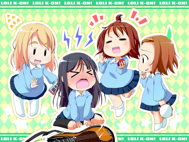 natsumi akira, akiyama mio, hirasawa yui, kotobuki tsumugi, tainaka ritsu, k-on!, > <, 00s, 4girls, = =, aged down, black hair, blonde hair, blunt bangs, brown hair, castanets, chibi, child, closed eyes, guitar, hair bobbles, hair ornament, hairband, hime cut, ho-kago tea time, instrument, keyboard, keyboard (instrument), kindergarten, kindergarten uniform, long hair, multiple girls, pun, school uniform, short hair, tambourine, tears, un tan