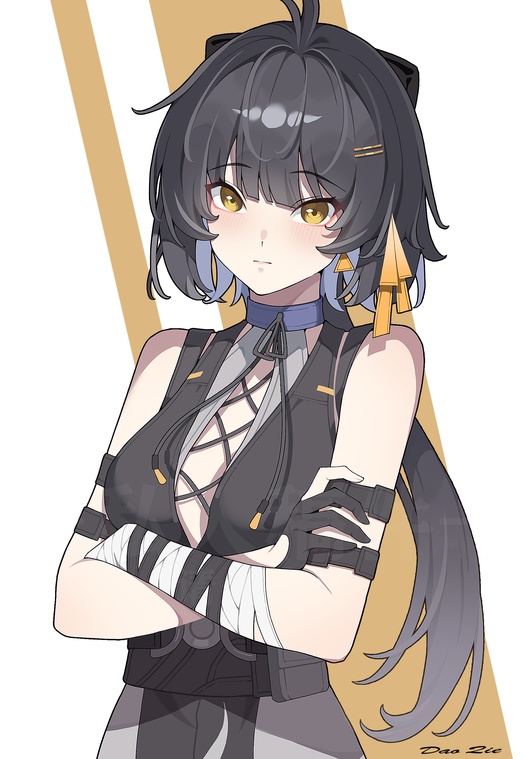 dao qie, female rover (wuthering waves), rover (wuthering waves), wuthering waves, absurdres, commentary, highres, 1girl, artist name, bandaged arm, bandages, bare shoulders, black dress, black hair, blush, breasts, closed mouth, colored inner hair, cross-laced clothes, cross-laced dress, crossed arms, dress, earrings, hair ornament, hair ribbon, hairclip, jewelry, large breasts, long hair, looking at viewer, multicolored hair, parallel hairclips, ribbon, solo, triangle earrings, upper body, yellow eyes, yellow ribbon