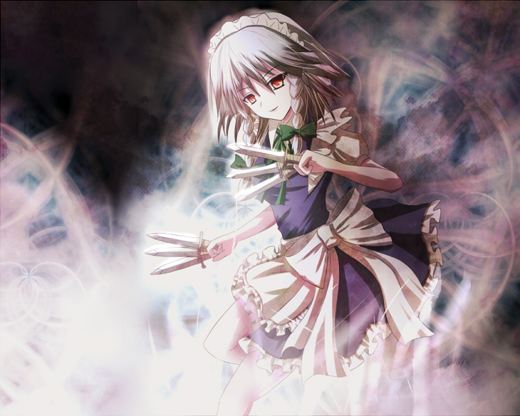 non (nobu), izayoi sakuya, touhou, silver hair, 1girl, braid, female focus, knife, maid, orange eyes, ribbon, solo, twin braids