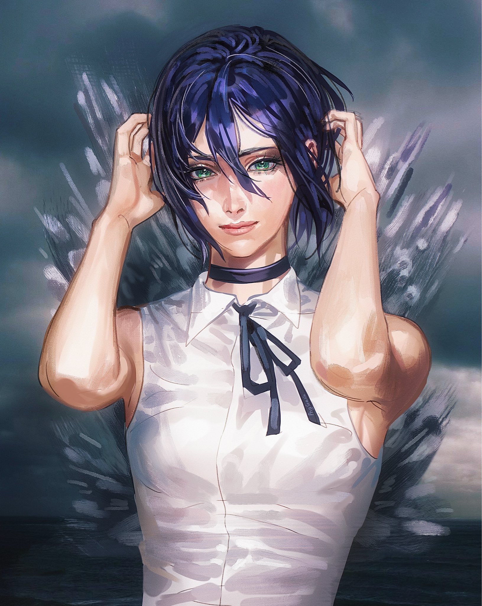 reze (chainsaw man), chainsaw man, highres, 1girl, black choker, black ribbon, choker, green eyes, hair between eyes, neck ribbon, png stalin, ribbon, shirt, sleeveless, sleeveless shirt, solo