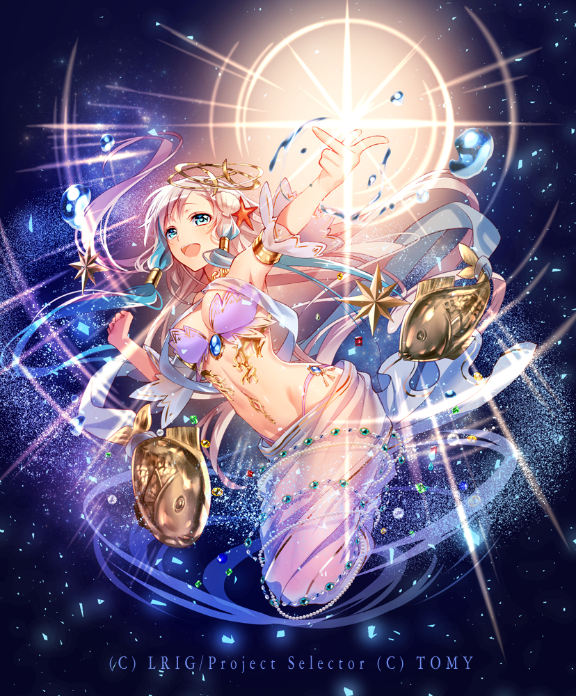 murakami yuichi, wixoss, official art, 1girl, blue eyes, breasts, cleavage, copyright notice, fish, long hair, looking at viewer, medium breasts, navel, open mouth, see-through clothes, see-through skirt, sidelocks, skirt, smile, solo, strapless, tube top, white hair, white tube top