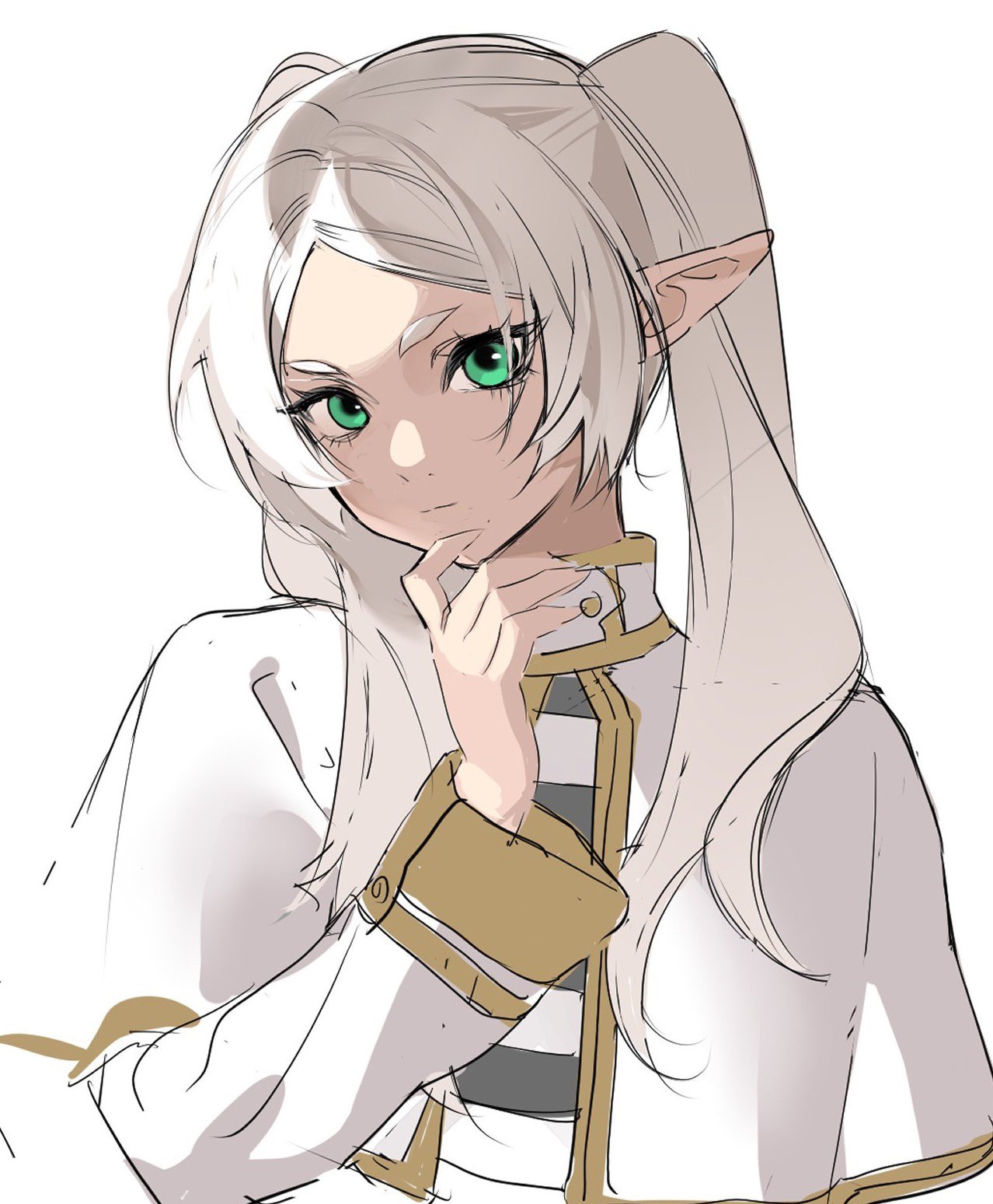 serpent (pepepp39), frieren, sousou no frieren, commentary, hashtag-only commentary, highres, 1girl, capelet, closed mouth, collar, dress, elf, green eyes, long hair, long sleeves, looking at viewer, parted bangs, pointy ears, short eyebrows, simple background, sketch, solo, twintails, upper body, white background, white capelet, white dress, white hair
