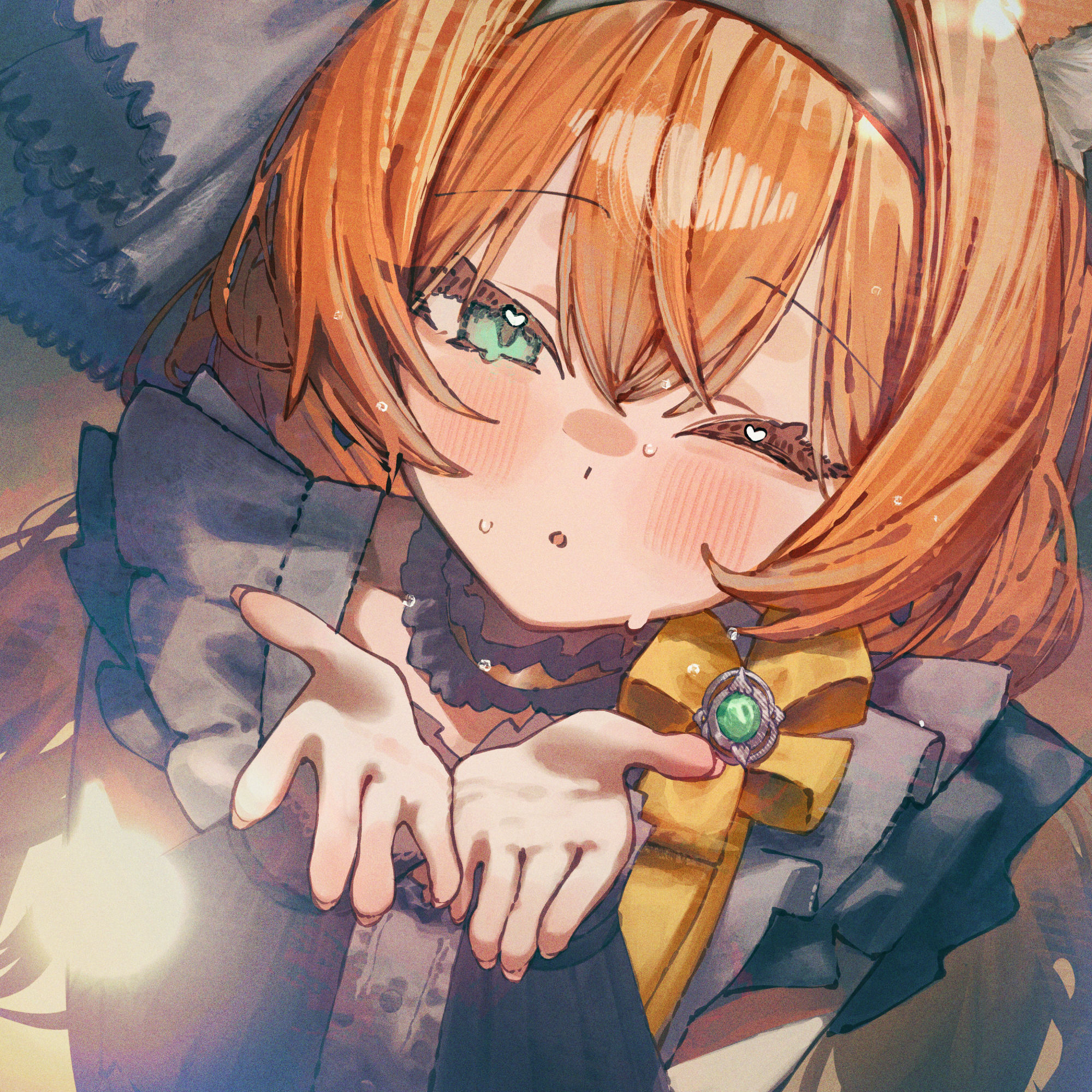 betabeet, mari (blue archive), mari (idol) (blue archive), blue archive, highres, 1girl, :o, black hairband, blue eyes, blush, grey ribbon, grey shirt, hair between eyes, hair ribbon, hairband, long hair, looking at viewer, one eye closed, open mouth, orange hair, ribbon, shirt, sidelocks, solo, sweat, wrist cuffs