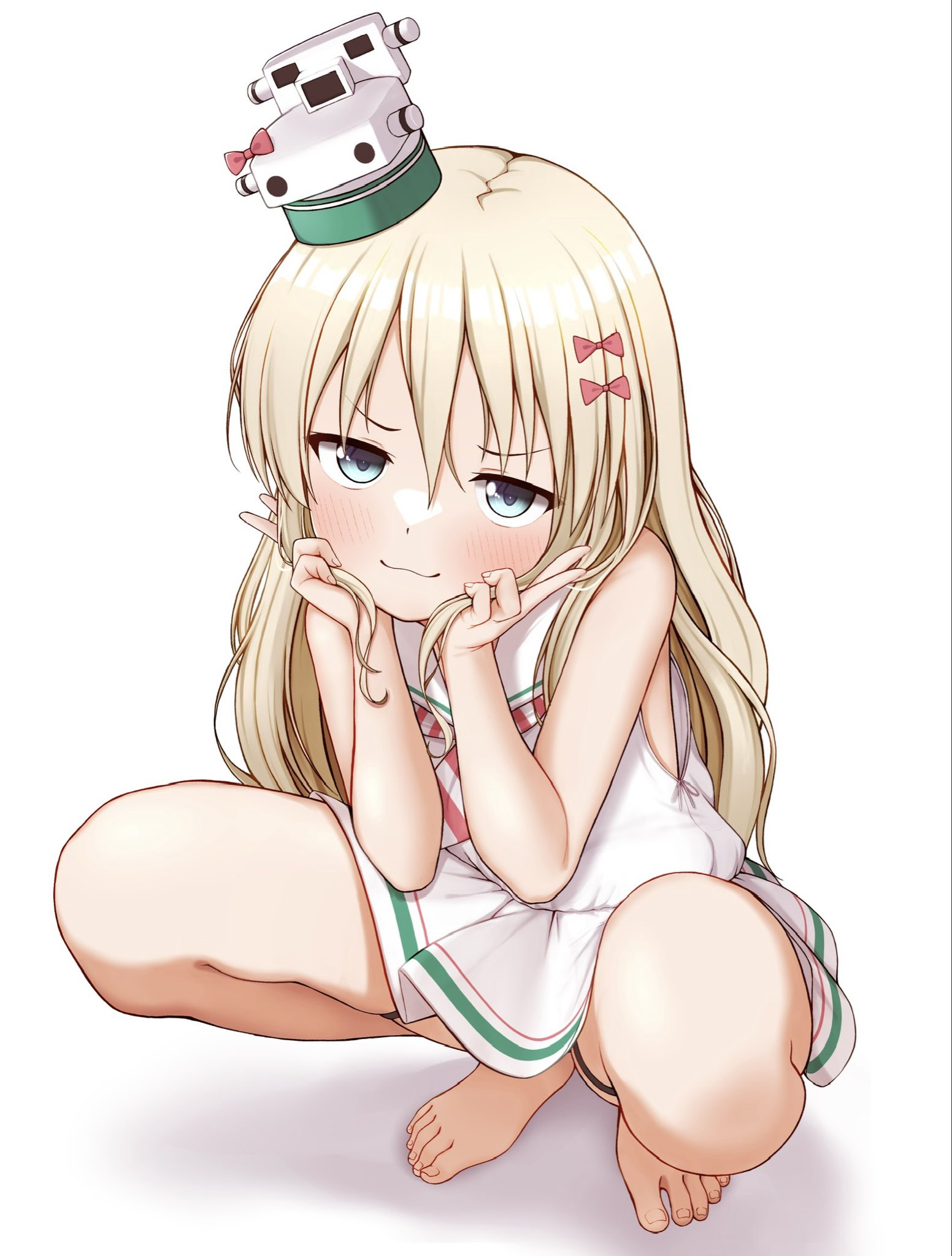 tiemu (man190), character request, copyright request, highres, 1girl, bare arms, bare legs, bare shoulders, barefoot, blonde hair, blue eyes, dot nose, dress, full body, hair between eyes, hair ornament, hairclip, hat, long hair, looking at viewer, mini hat, simple background, sleeveless, sleeveless dress, solo, squatting, sundress, white background, white dress