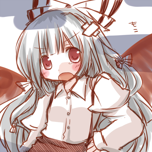 futami yayoi, fujiwara no mokou, touhou, lowres, 1girl, bandages, female focus, grey hair, red eyes, ribbon, solo, standing