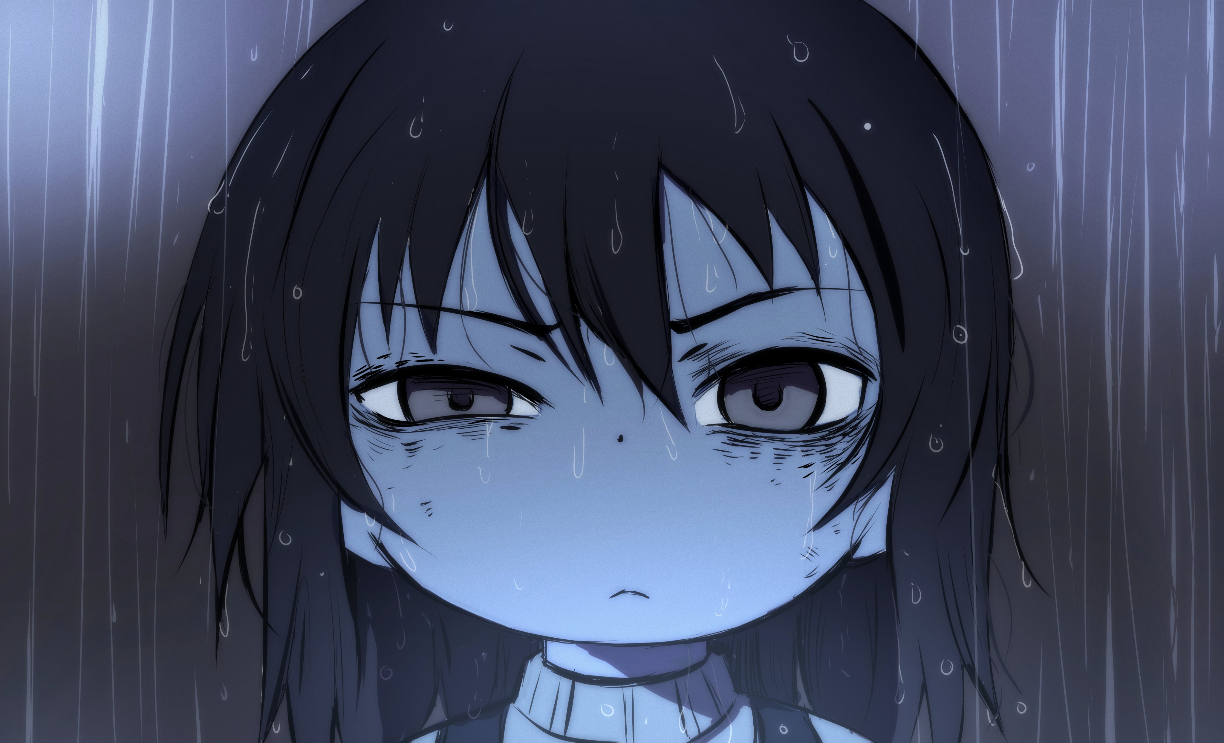 box wonderland, marui hitoha, mitsudomoe (manga), absurdres, highres, 1girl, black hair, looking at viewer, medium hair, night, rain, simple background, solo, turtleneck, water drop
