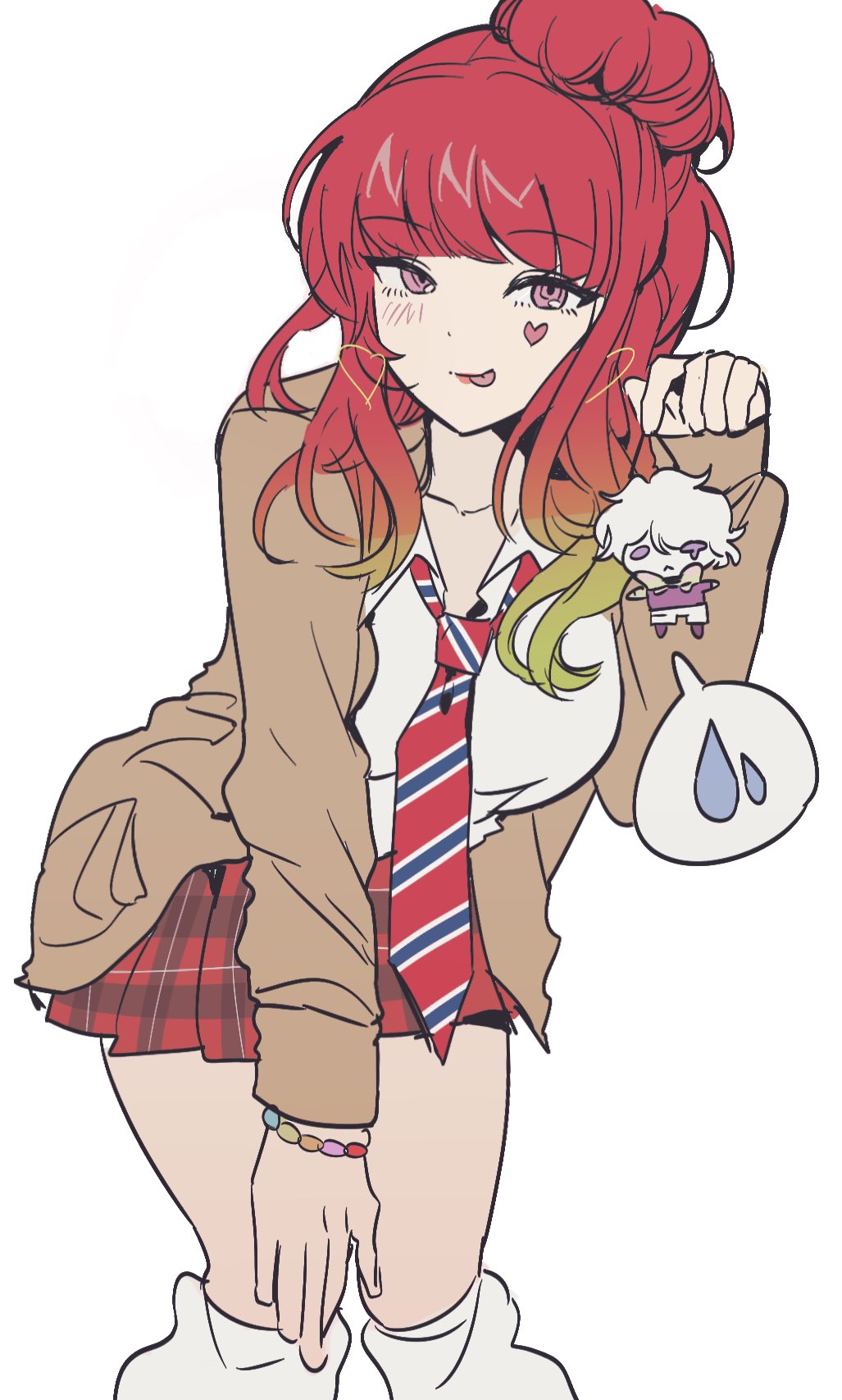 gemamamaa, remnan (gnosia), sq (gnosia), gnosia, commentary request, highres, korean commentary, 1boy, 1girl, :p, blonde hair, blush, bracelet, breasts, brown jacket, character doll, chibi, doll, earrings, facial tattoo, gradient hair, gyaru, hair bun, half updo, heart, holding, holding stuffed toy, jacket, jewelry, kogal, leg warmers, long hair, long sleeves, looking at viewer, multicolored hair, necktie, plaid clothes, plaid skirt, red hair, red necktie, red skirt, school uniform, shirt, simple background, single hair bun, skirt, smile, socks, striped necktie, stuffed animal, stuffed toy, sweatdrop, tattoo, tongue, tongue out, white background, white shirt