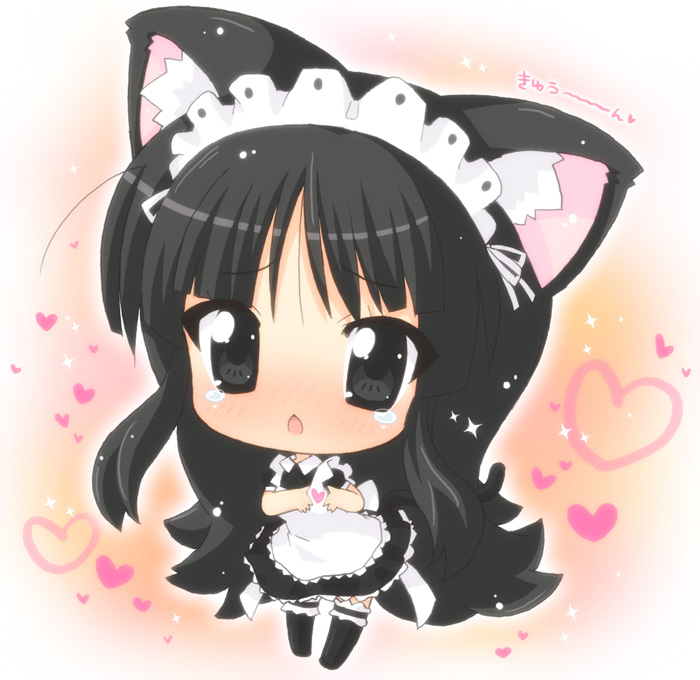 hahifuhe, akiyama mio, k-on!, 00s, 1girl, alternate costume, animal ears, black eyes, black hair, cat ears, cat girl, cat tail, chibi, enmaided, female focus, frilled thighhighs, frills, heart, kemonomimi mode, long hair, maid, maid headdress, moe moe kyun!, solo, tail, tears, thighhighs