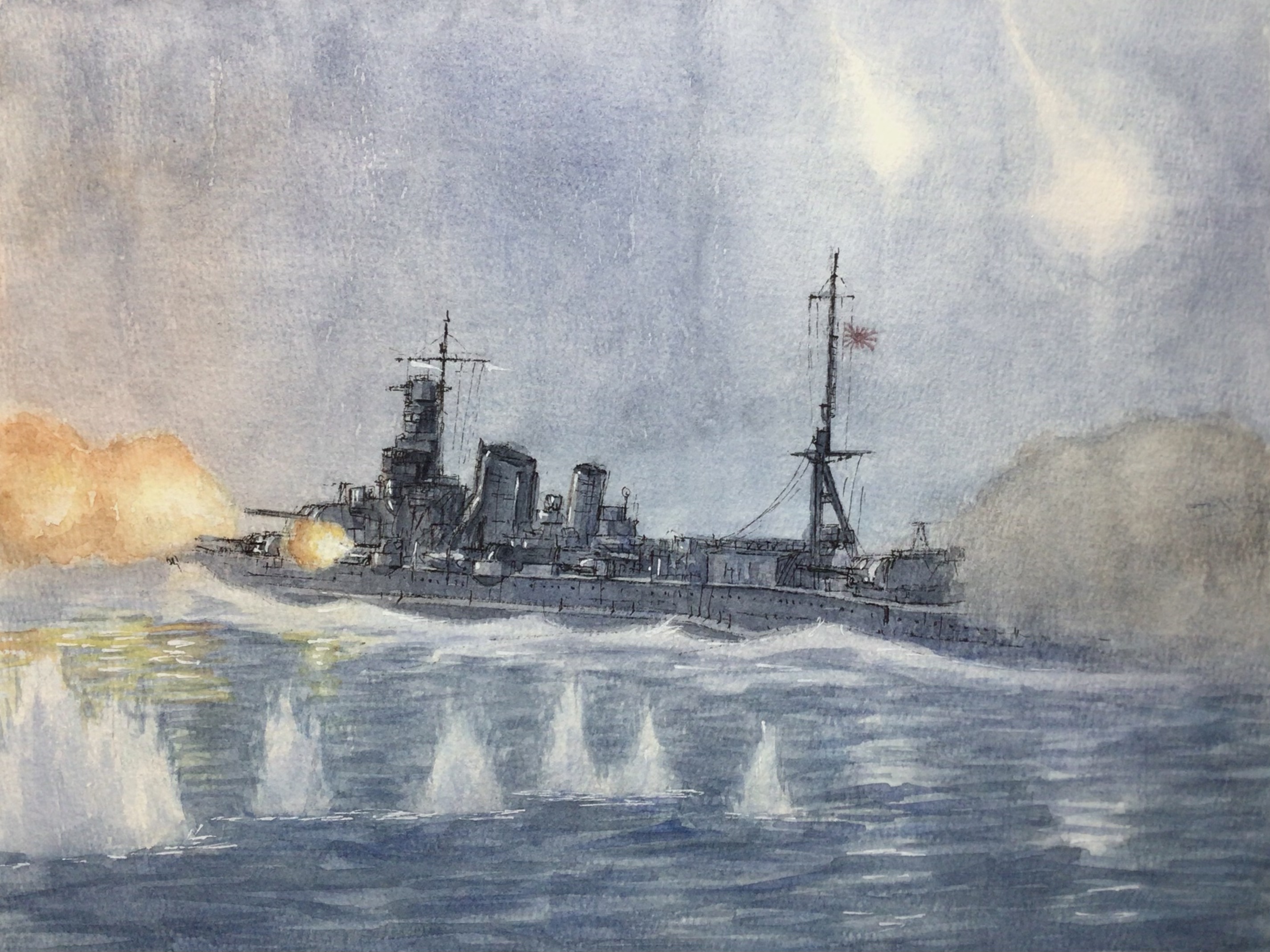atelier bono, original, commentary request, highres, painting (medium), traditional media, watercolor (medium), battle of savo island, cruiser, firing, flare, furutaka (cruiser), historical event, imperial japanese navy, mast, military vehicle, muzzle flash, night, night sky, no humans, ocean, rising sun flag, ship, ship turret, sky, smoke, smokestack, sunburst, under fire, warship, watercraft