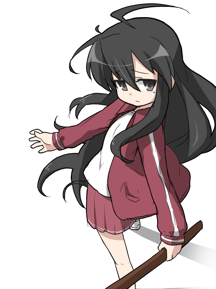 suzumiya annko, izumi konata, kurokona, lucky star, bad id, bad pixiv id, 00s, 1girl, ahoge, alternate color, black eyes, black hair, bokken, female focus, jacket, long hair, mole, mole under eye, skirt, solo, sword, weapon, wooden sword