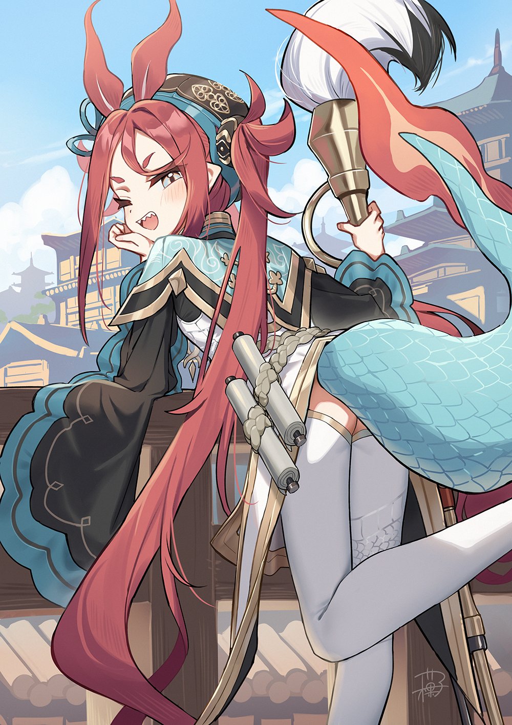 wagashi928, chixia (stella sora), stella sora, hashtag-only commentary, highres, 1girl, absurdly long hair, antenna hair, aqua shrug, architecture, black sleeves, blue sky, calligraphy brush, chinese clothes, dragon girl, dragon tail, dress, east asian architecture, from behind, hair between eyes, leaning forward, long hair, long sleeves, one eye closed, open mouth, outdoors, oversized object, pagoda, paintbrush, pantyhose, railing, red hair, scroll, sharp teeth, shrug (clothing), sky, smile, solo, standing, standing on one leg, tail, teeth, twintails, v-shaped eyebrows, very long hair, white dress, white pantyhose, wide sleeves, wooden railing