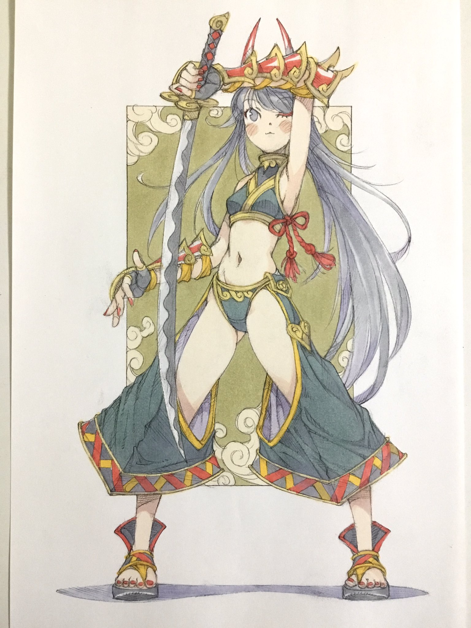 peter salt, original, commentary, highres, traditional media, 1girl, arm above head, arm guards, arm up, black eyes, black gloves, black hair, black panties, black shirt, breasts, chaps, closed mouth, crop top, fingerless gloves, full body, gloves, gluteal fold, holding, holding sword, holding weapon, horns, japanese clothes, katana, legs apart, long hair, looking at viewer, nail polish, navel, one eye closed, panties, ponytail, red nails, samurai, sandals, shirt, sleeveless, sleeveless shirt, small breasts, solo, standing, sword, tassel, toenail polish, toenails, underwear, very long hair, weapon