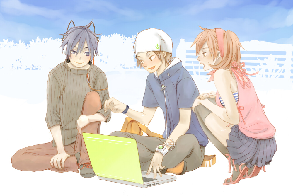 hareko (greenwood), kihara atsurou, protagonist (devil survivor), tanigawa yuzu, devil survivor (series), devil survivor 1, bad id, bad pixiv id, 1girl, 2boys, beanie, black thighhighs, blue hair, brown hair, camisole, computer, computer keyboard, full body, hat, headphones, laptop, multiple boys, outdoors, partially colored, pleated skirt, ribbon, sandals, sitting, skirt, sky, thighhighs, white background