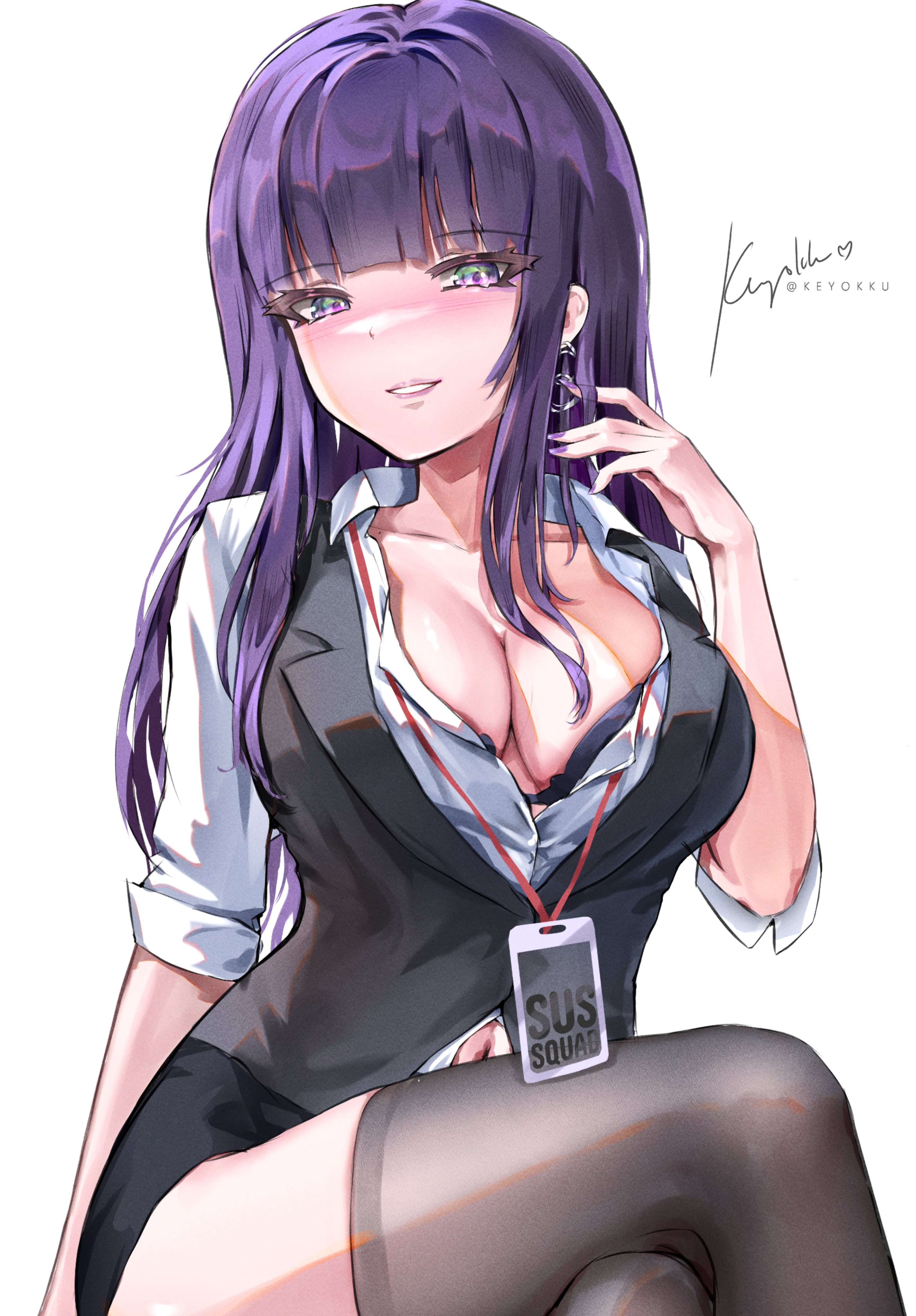 keyokku, fern (sousou no frieren), sousou no frieren, absurdres, commentary, english commentary, highres, 1girl, alternate costume, black skirt, black thighhighs, black vest, blunt bangs, blush, bra, bra peek, breasts, cleavage, collared shirt, contemporary, cowboy shot, crossed legs, earrings, hand up, id card, jewelry, large breasts, long hair, looking at viewer, office lady, parted lips, partially unbuttoned, pencil skirt, purple eyes, purple hair, purple nails, shirt, signature, simple background, sitting, skirt, sleeveless, sleeveless shirt, smile, solo, thighhighs, underwear, vest, white background, white shirt