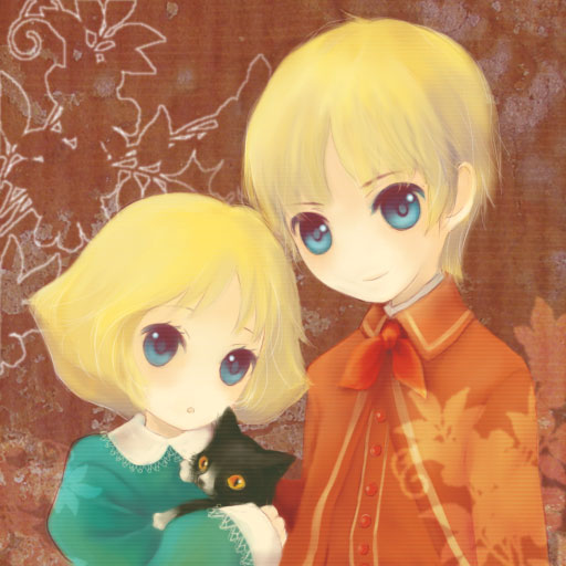 suzushiro haru, artesia som deikun, casval rem deikun, char aznable, sayla mass, gundam, mobile suit gundam, mobile suit gundam the origin, bad id, bad pixiv id, 1boy, 1girl, aged down, blonde hair, blue eyes, brother and sister, cat, short hair, siblings