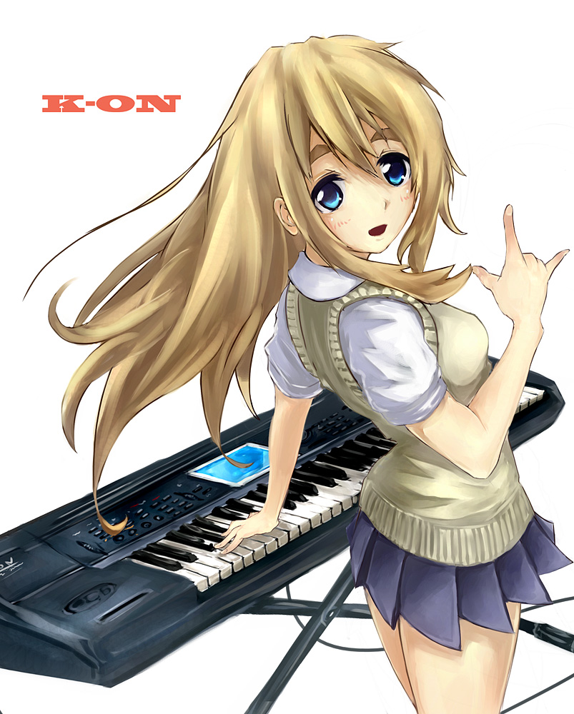 nagamine (catoko), kotobuki tsumugi, k-on!, korg, eyebrows, 00s, 1girl, m/, n/, blonde hair, blue eyes, blush, breasts, female focus, instrument, keyboard (instrument), piano, school uniform, skirt, solo, sweater vest, white background