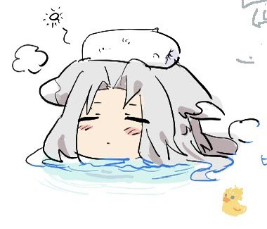 hattouissenbaka, sephiroth, final fantasy, final fantasy vii, commentary request, lowres, 1boy, animal ears, blush stickers, chibi, chibi only, closed eyes, closed mouth, dot mouth, ears down, fox ears, hair intakes, in water, kemonomimi mode, long hair, male focus, parted bangs, rubber duck, solo, steam, towel, towel on head, upper body