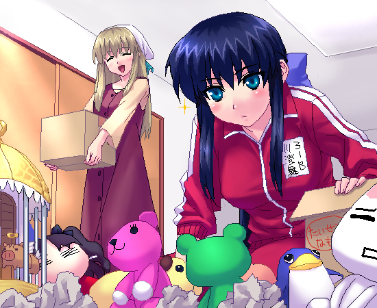 zen, botan (clannad), kawasumi mai, kurata sayuri, tohsaka rin, clannad, fate/stay night, fate (series), kanon, translation request, 00s, 2girls, character doll, crossover, doll, double vertical stripe, multiple girls, track suit