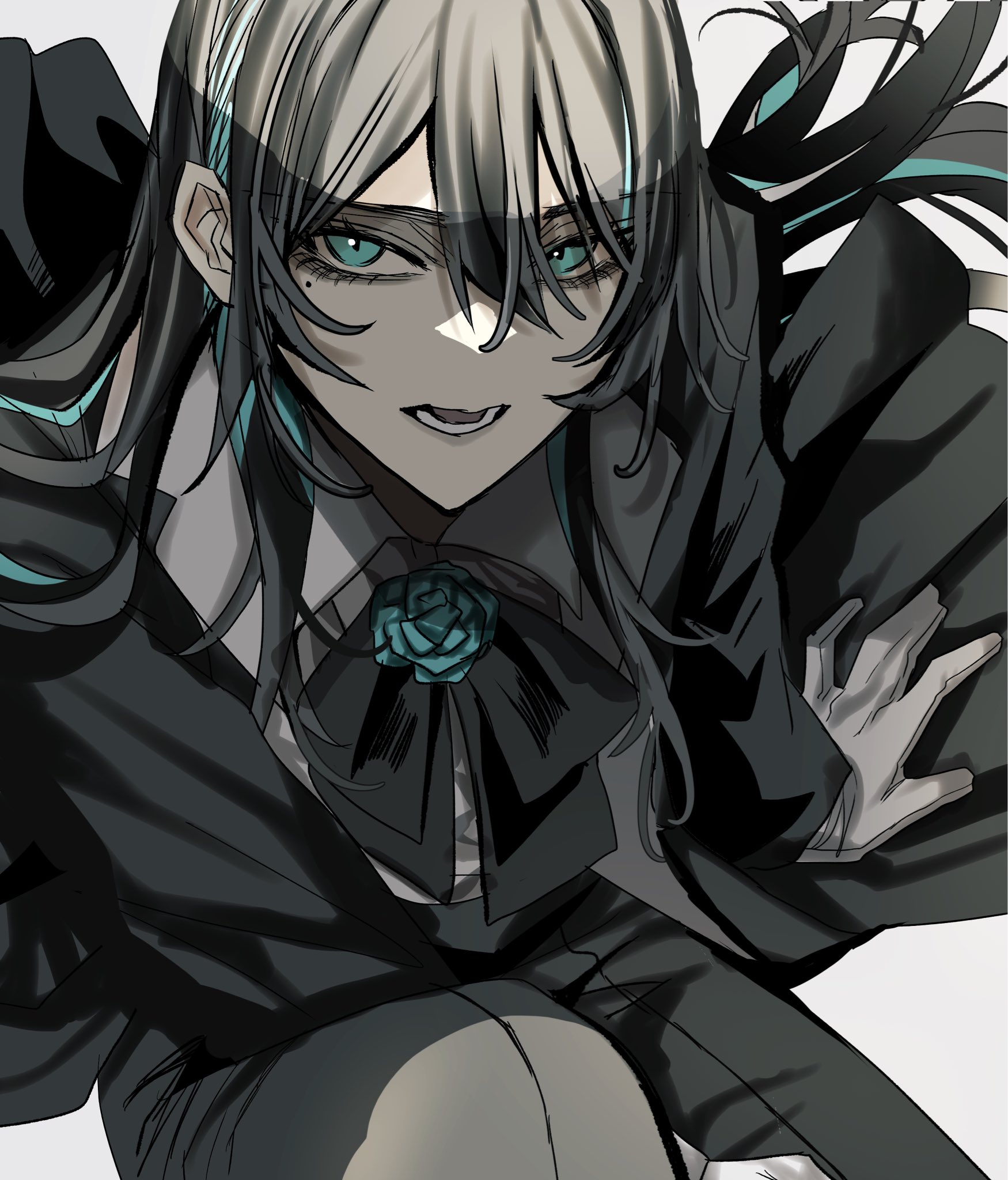 gunjyou (gunjyou 00), chando (ado), ado (utaite), commentary, highres, 1girl, black hair, black pants, blue hair, gloves, hair between eyes, long hair, looking at viewer, lower teeth only, mole, mole under eye, multicolored hair, pants, shirt, simple background, solo, streaked hair, teeth, utaite, white gloves, white shirt