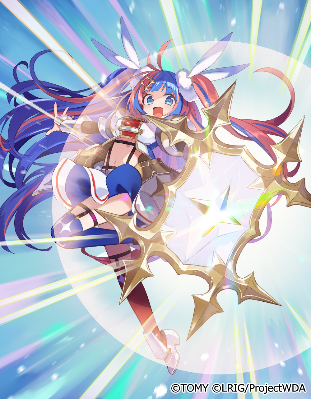 yuko (uc yuk), wixoss, highres, official art, 1girl, blue eyes, blue hair, blue skirt, blue thighhighs, bow, copyright notice, cropped shirt, hair bow, long hair, looking at viewer, multicolored hair, open mouth, red hair, red thighhighs, servant sharp, shirt, skirt, solo, streaked hair, thighhighs, twintails, very long hair, white bow, white shirt