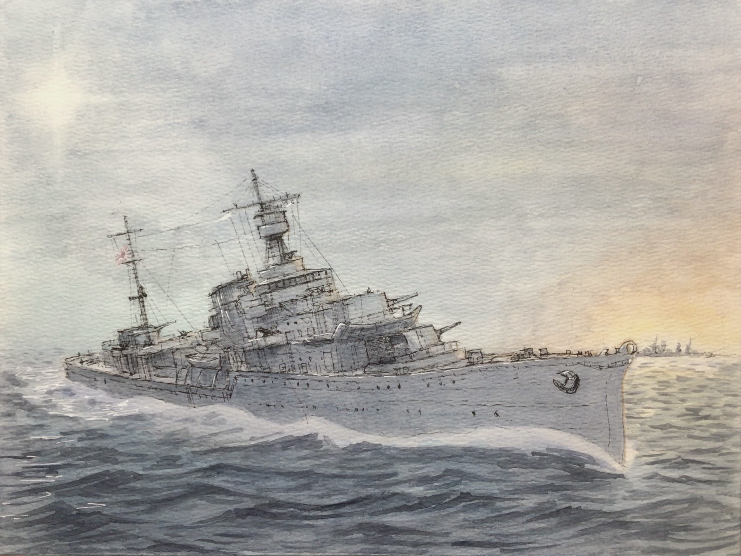 atelier bono, original, commentary request, highres, painting (medium), traditional media, watercolor (medium), battle of savo island, cruiser, fire, historical event, imperial japanese navy, mast, military, military vehicle, night, night sky, no humans, ocean, rising sun flag, sailing, ship, ship turret, sky, smokestack, sunburst, warship, watercraft, yuubari (cruiser)