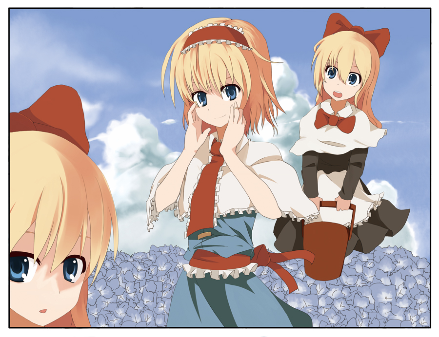 mieharu, alice margatroid, shanghai doll, touhou, 3girls, blonde hair, blue eyes, cloud, doll, female focus, flower, hairband, headband, multiple girls, outdoors, plant, ribbon, short hair, sky, solo, standing