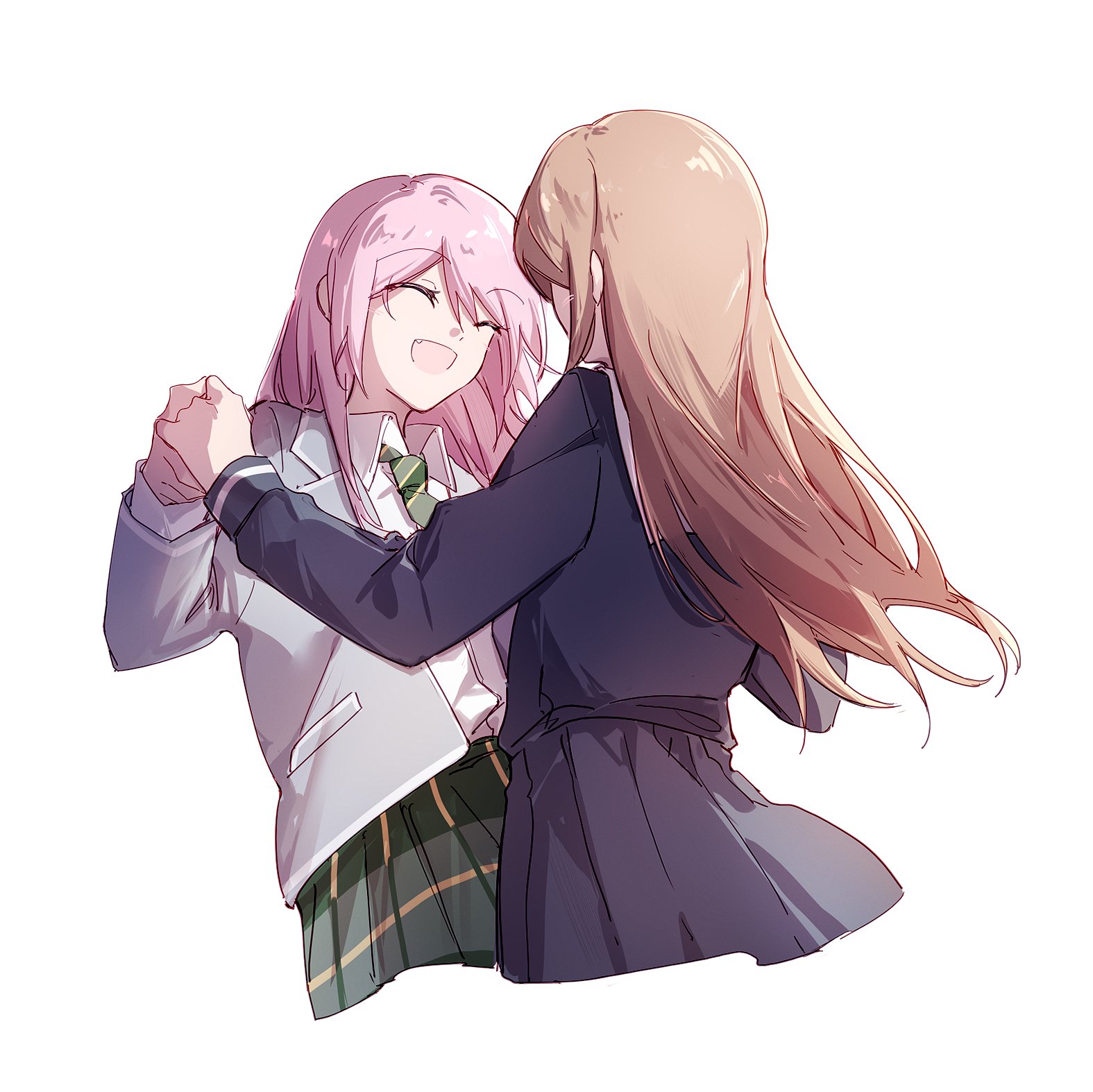 hibioes, chihaya anon, nagasaki soyo, bang dream!, bang dream! it's mygo!!!!!, highres, 2girls, blue shirt, blue skirt, brown hair, closed eyes, collared shirt, dancing, diagonal-striped clothes, diagonal-striped necktie, fang, green necktie, green skirt, grey jacket, haneoka school uniform, holding hands, jacket, long hair, long sleeves, multiple girls, necktie, open clothes, open jacket, open mouth, pink hair, pleated skirt, school uniform, shirt, sidelocks, simple background, skirt, striped clothes, tsukinomori school uniform, white background, white shirt