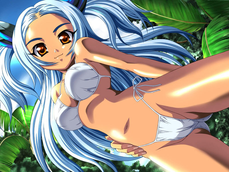 anna lucille, clockup, eclipse -zettai reido keikaku soushitsu shoujo-, game cg, 1girl, ass, bikini, blue hair, breasts, cloud, day, female focus, gluteal fold, long hair, navel, orange eyes, palm tree, red eyes, side-tie bikini bottom, sky, smile, solo, swimsuit, tree