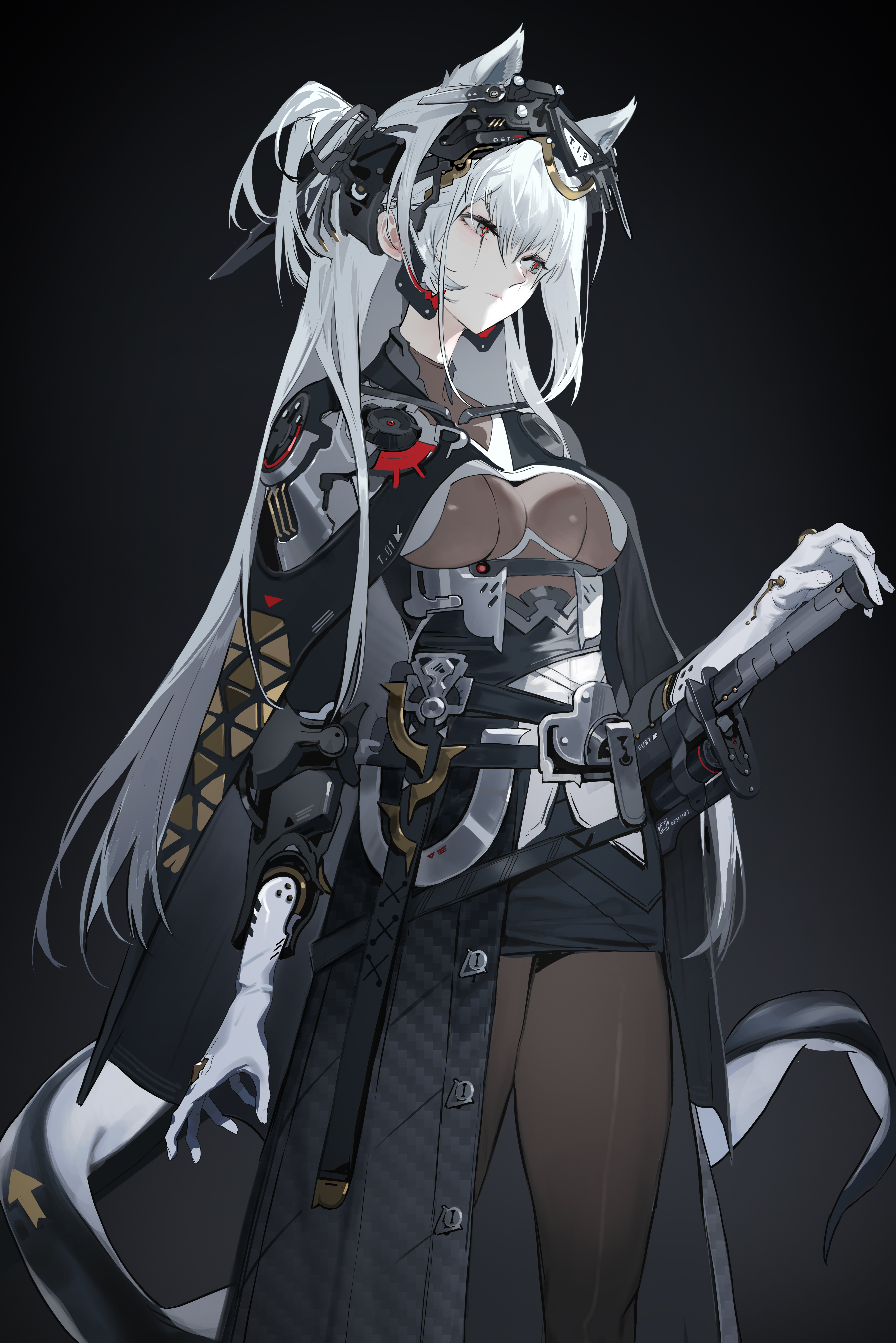 grandia lee, original, absurdres, commentary, highres, 1girl, animal ears, armor, arrow (symbol), black background, black cloak, black pantyhose, bodystocking, breasts, buttons, carbon fiber, cloak, closed mouth, clothing cutout, hair between eyes, hand on hilt, head tilt, headgear, holding, holding sword, holding weapon, long hair, looking ahead, mechanical arms, medium breasts, pantyhose, pink lips, red eyes, shoulder cutout, sidelocks, skirt, solo, standing, sword, symbol-shaped pupils, thighs, very long hair, weapon, white hair