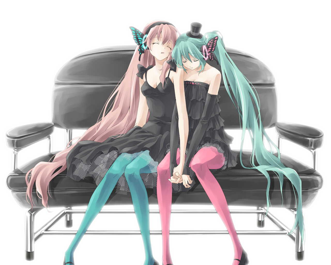 touya (artist), touya (roukaku), hatsune miku, megurine luka, magnet (vocaloid), vocaloid, 2girls, aqua hair, blue pantyhose, breasts, butterfly wings, cleavage, closed eyes, detached sleeves, dress, elbow gloves, fingerless gloves, frills, gloves, hat, headphones, holding hands, insect wings, long hair, mini hat, mini top hat, multiple girls, pantyhose, pink hair, pink pantyhose, side ponytail, sitting, sleeping, sleeping upright, top hat, very long hair, wings, yuri