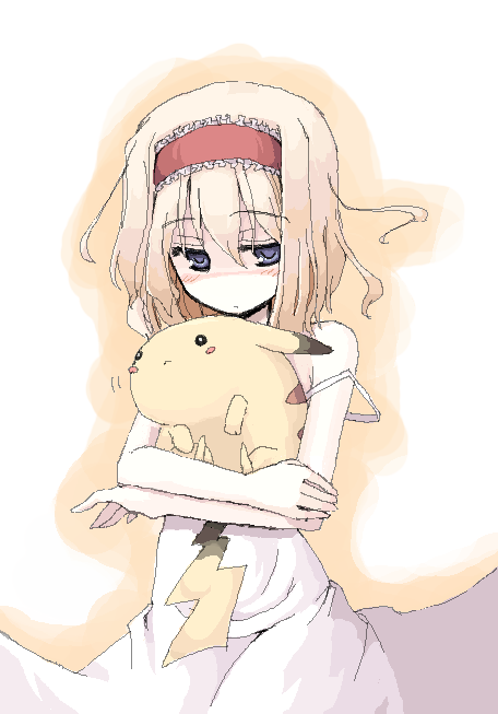 mochiki, alice margatroid, pikachu, nintendo, pokemon, touhou, 1girl, blonde hair, blue eyes, blush, blush stickers, dress, female focus, gen 1 pokemon, hairband, holding, oekaki, pokemon (creature)