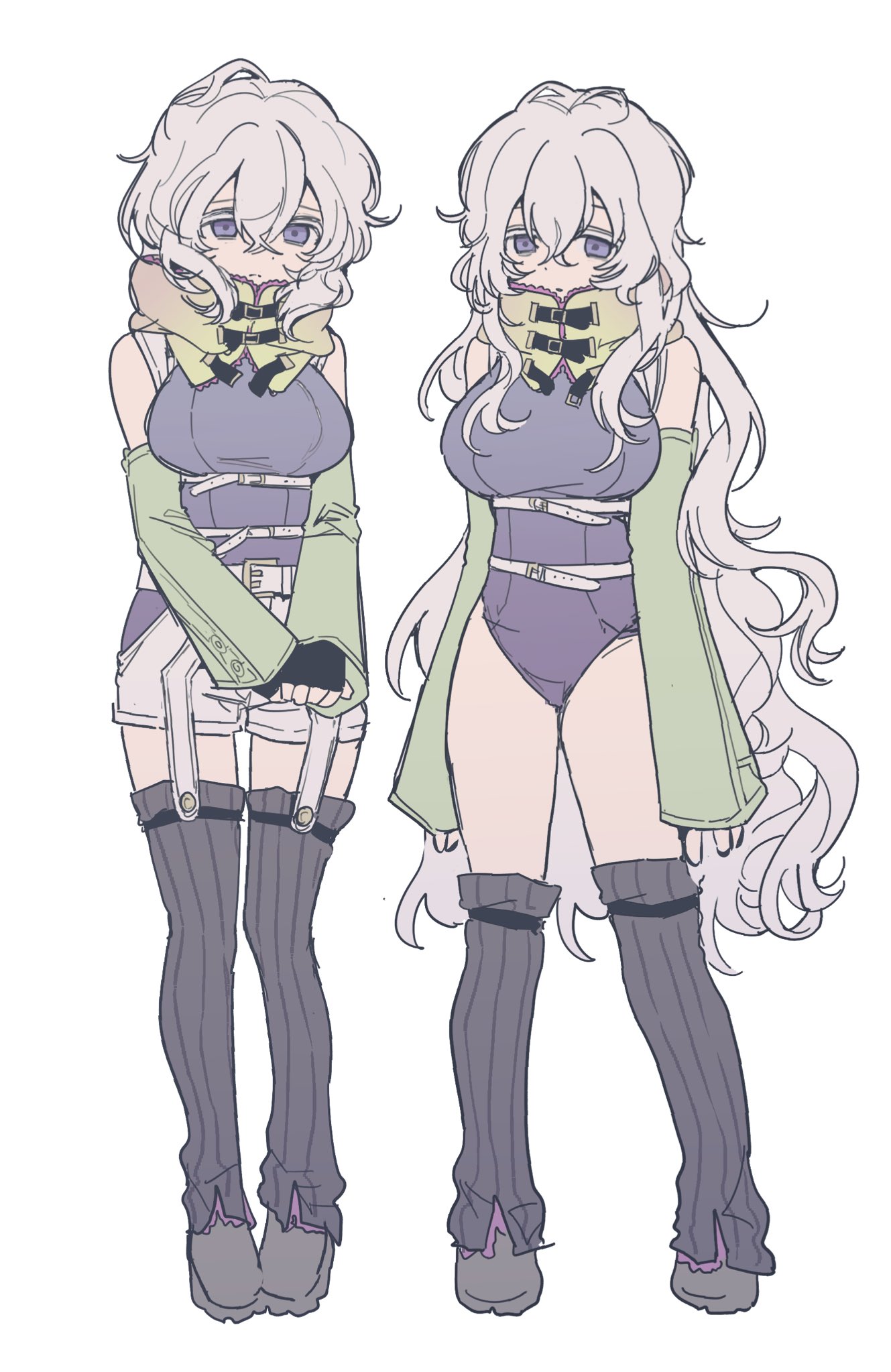 gemamamaa, remnan (gnosia), gnosia, commentary request, highres, korean commentary, 1girl, belt, black gloves, breasts, closed mouth, detached hood, detached sleeves, dual persona, fingerless gloves, frown, full body, garter straps, genderswap, genderswap (mtf), gloves, green sleeves, grey shoes, grey shorts, hair between eyes, large breasts, leg warmers, leotard, long hair, long sleeves, looking at viewer, multiple belts, purple eyes, scarf, shoes, short hair, short shorts, shorts, simple background, standing, striped clothes, striped thighhighs, thighhighs, very long hair, wavy hair, white background, white hair