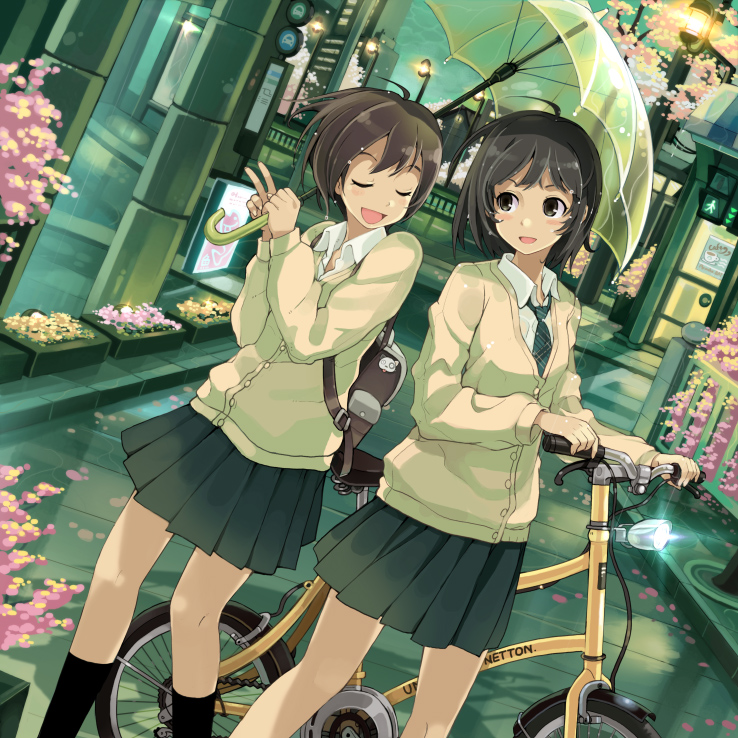 armcho, original, 2girls, backpack, bag, bicycle, black socks, blush, brown hair, cardigan, city, closed eyes, dutch angle, flower, kneehighs, long sleeves, multiple girls, night, outdoors, randoseru, school uniform, shared umbrella, short hair, smile, socks, standing, transparent, transparent umbrella, umbrella, wet