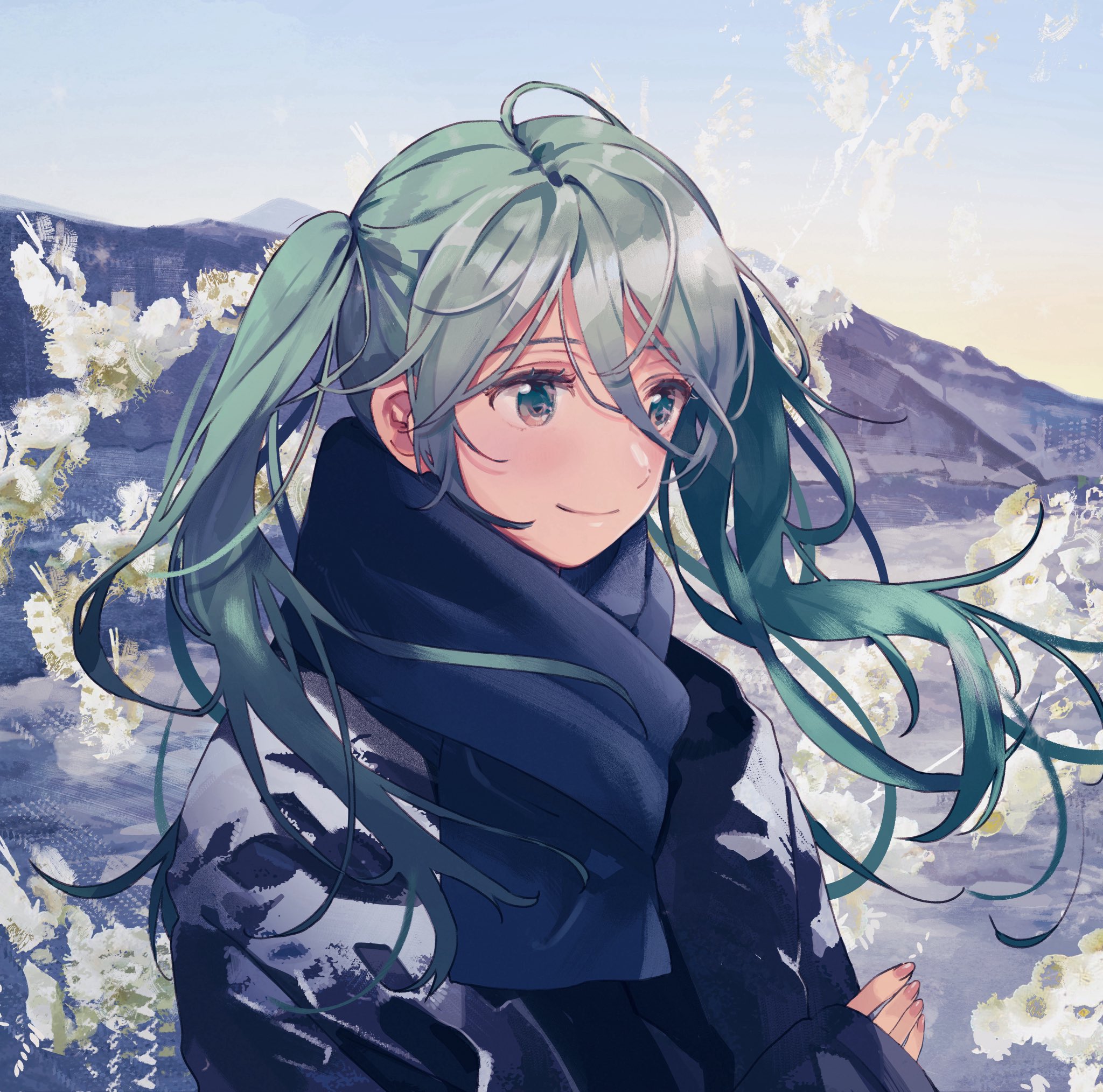 fly (marguerite), hatsune miku, vocaloid, commentary, hashtag-only commentary, highres, 1girl, aqua hair, blue eyes, blue jacket, blue scarf, closed mouth, hair between eyes, jacket, long hair, long hair between eyes, scarf, smile, solo, twintails, upper body