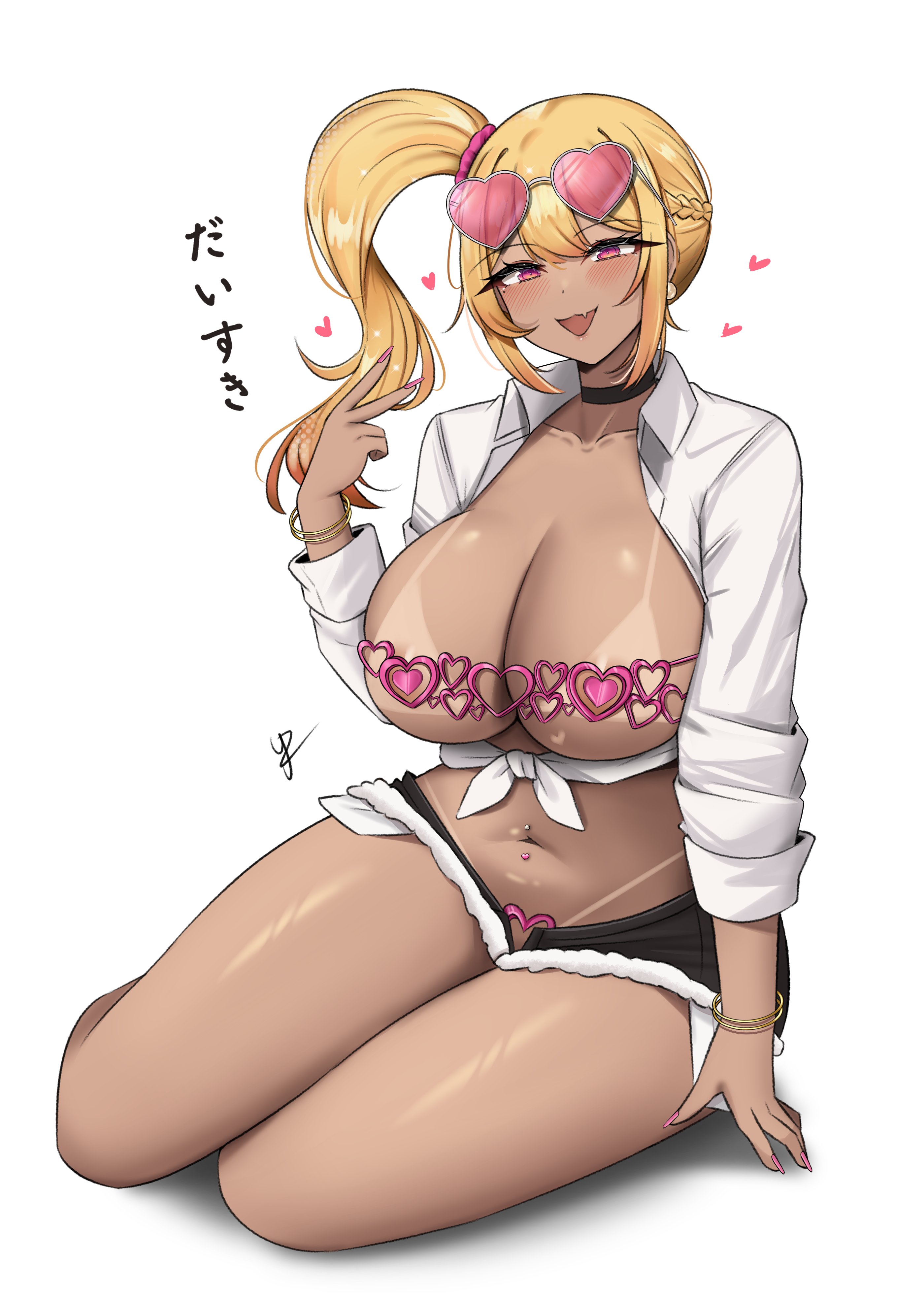 yukaraishin, original, absurdres, commentary, english commentary, highres, 1girl, black choker, black shorts, blonde hair, blush, bracelet, breasts, choker, collarbone, collared shirt, double-parted bangs, eyewear on head, fang, full body, gyaru, hair ornament, hair scrunchie, hand up, heart, heart-shaped eyewear, huge breasts, inward v, jewelry, long hair, long sleeves, looking at viewer, micro shorts, midriff, navel, open clothes, open mouth, open shirt, pink-tinted eyewear, pink eyes, revealing clothes, scrunchie, shirt, shorts, side ponytail, simple background, skin fang, smile, solo, sunglasses, tan, tanline, thighs, tied shirt, tinted eyewear, v, white background, white shirt