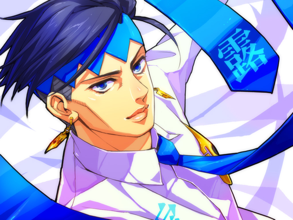 tetsukuzu tetsuko, kishibe rohan, diamond is not crash, jojo no kimyou na bouken, 1boy, black hair, blue eyes, blue necktie, cheekbones, collared shirt, earrings, formal clothes, hairband, headband, jewelry, looking at viewer, male focus, necktie, shirt, smile, solo, suit, white shirt, white suit
