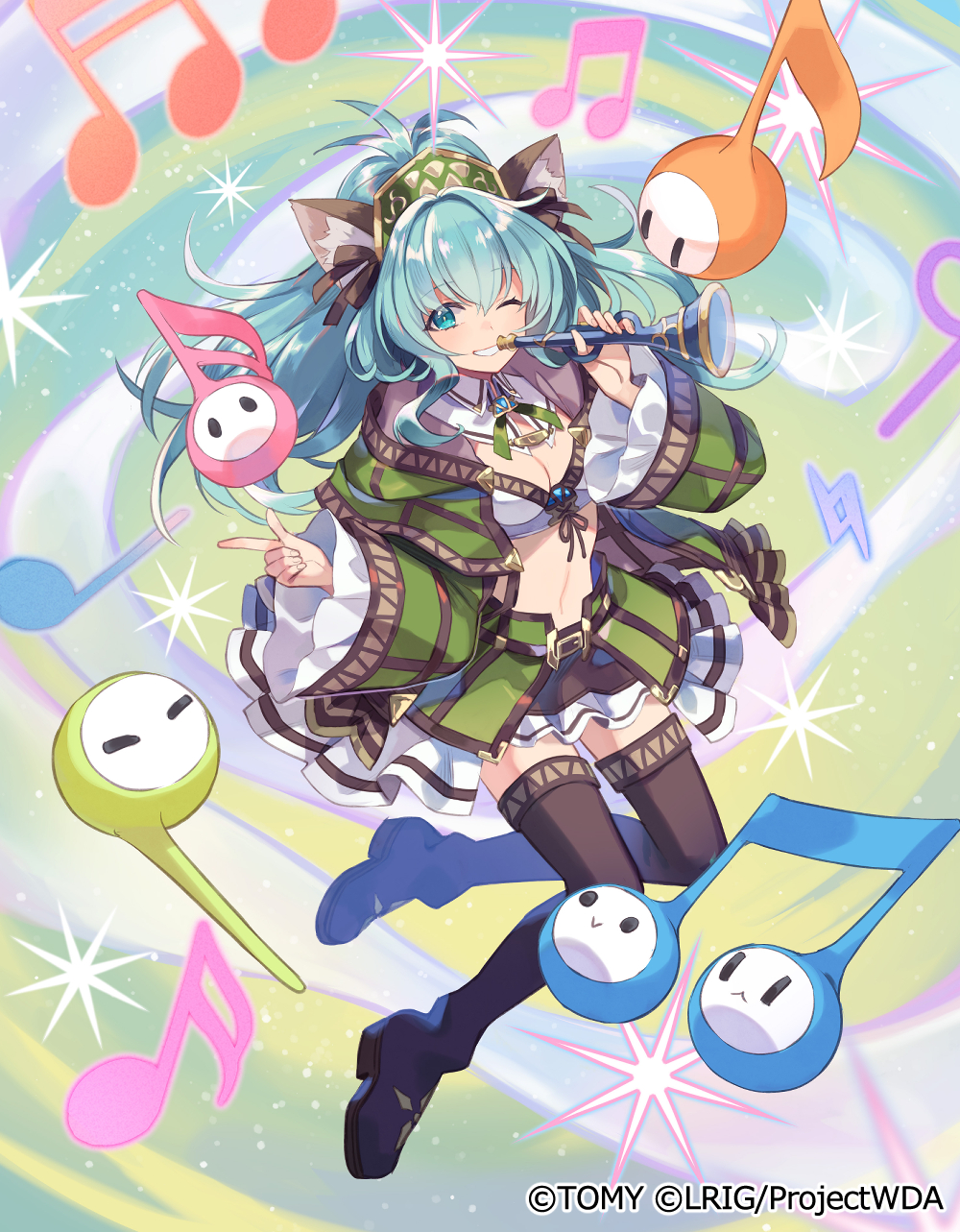 yuko (uc yuk), wixoss, highres, official art, 1girl, animal ear fluff, animal ears, black shoes, black skirt, black thighhighs, cat ears, closed mouth, copyright notice, green jacket, holding, holding instrument, holding trumpet, instrument, jacket, long hair, looking at viewer, musical note, one eye closed, orchestra (wixoss), ponytail, shoes, skirt, smile, solo, thighhighs, trumpet