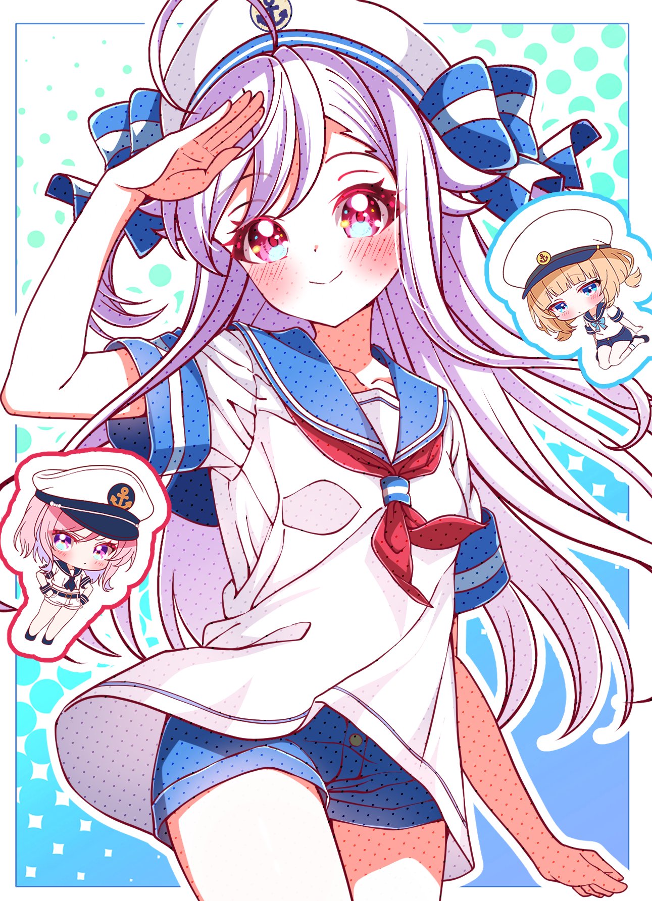 fudeshima shigure, motosu towa, niizuma yae, world dai star, highres, 3girls, blonde hair, blue eyes, blue shorts, blush, chibi, hat, kanaria chick, long hair, looking at viewer, multiple girls, pink hair, polka dot, polka dot background, sailor collar, sailor hat, short sleeves, shorts, smile