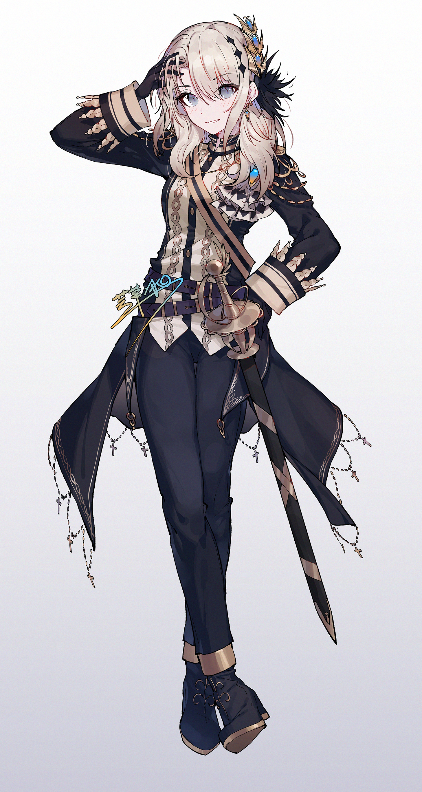 yun cao bing, hasumi leia, kawaragi momoka, girls band cry, mahou shoujo no majo saiban, absurdres, commentary request, highres, 1girl, black gloves, black jacket, black pantyhose, black shoes, blush, cosplay, full body, gloves, grey eyes, grey hair, hair between eyes, hasumi leia (cosplay), jacket, long hair, long sleeves, looking at viewer, open mouth, pantyhose, shoes, simple background, solo, sword, weapon, white background