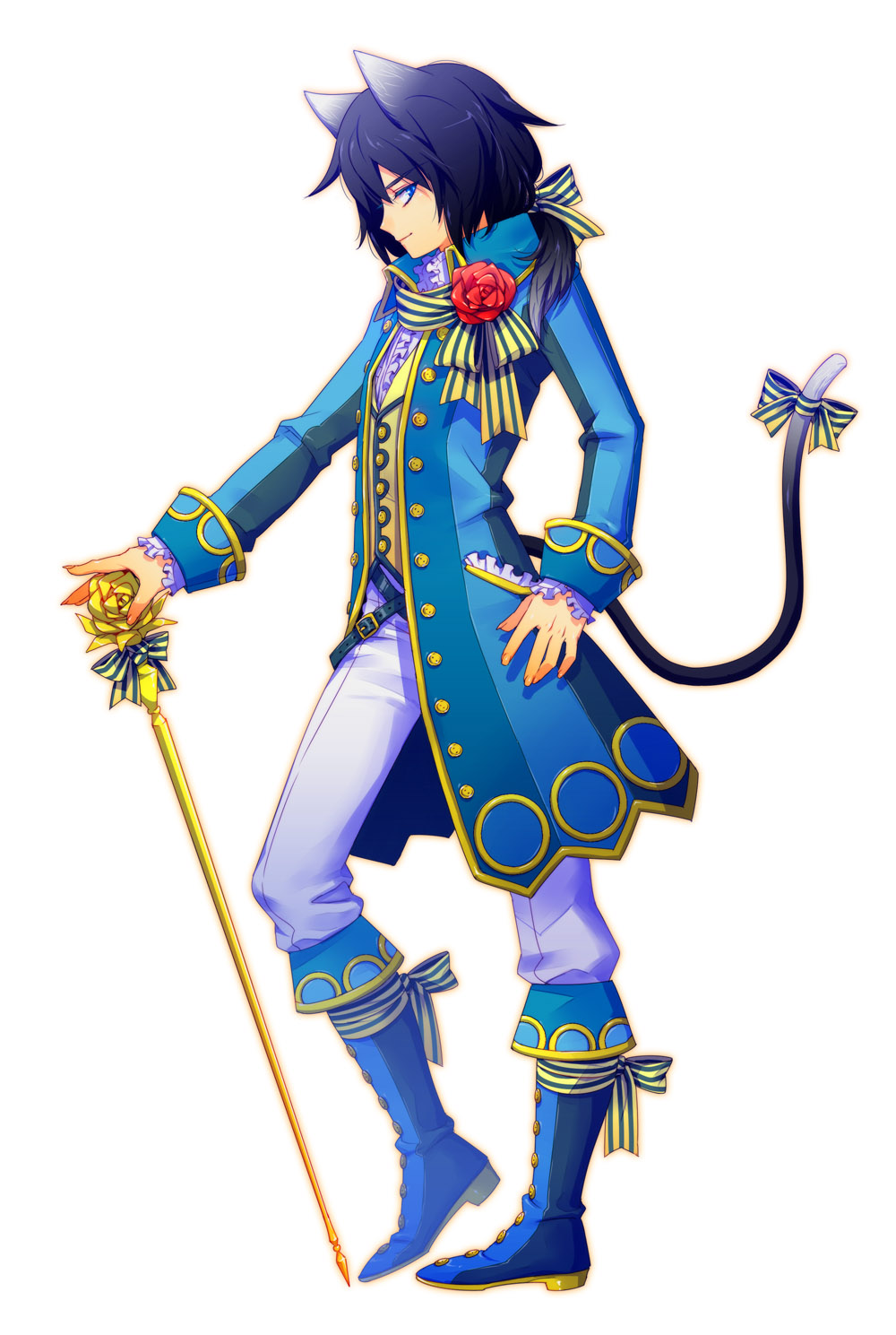 tetsukuzu tetsuko, original, highres, 1boy, animal ears, blue boots, boots, cane, cat boy, cat ears, cat tail, flower, male focus, rose, solo, tail