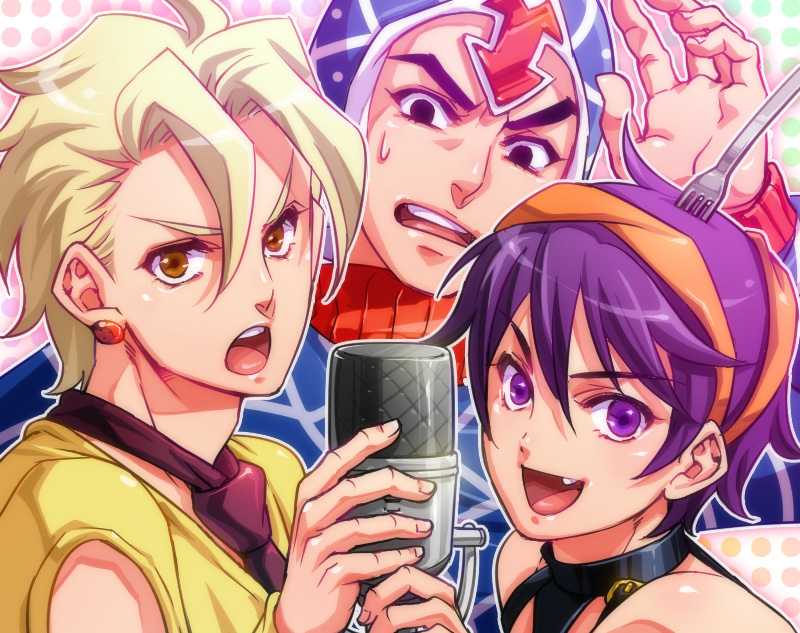 tetsukuzu tetsuko, fugo pannacotta, guido mista, narancia ghirga, pannacotta fugo, jojo no kimyou na bouken, vento aureo, 3boys, black eyes, blonde hair, earrings, fang, fork, hat, headband, jewelry, male focus, microphone, multiple boys, necktie, open mouth, purple eyes, purple hair, short hair, yellow eyes