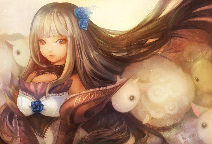 yoru (xueyinye), original, bad id, bad pixiv id, 1girl, animal, brown eyes, female focus, flower, hair ornament, long hair, sheep, solo, very long hair