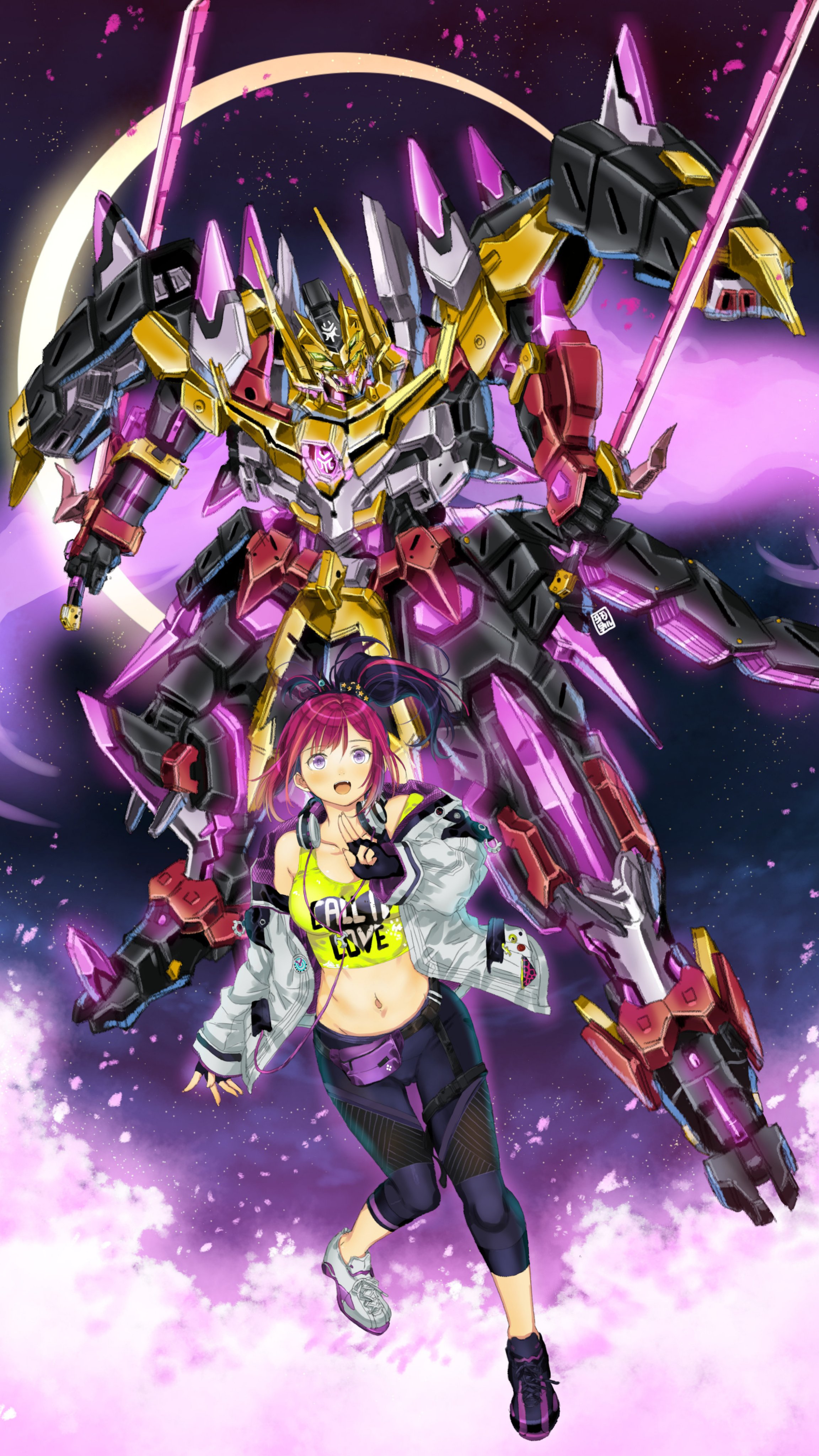garimpeiro, tsukinowa forte, super robot wars, super robot wars y, absurdres, highres, black hair, blush, breasts, cleavage, jacket, large breasts, long sleeves, looking at viewer, mecha, multicolored hair, open clothes, open mouth, pink hair, ponytail, purple eyes, robot, shirt, two-tone hair, yz-lunedrache kaguya