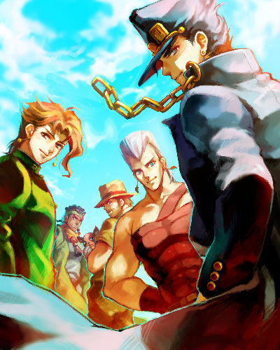 tetsukuzu tetsuko, iggy (jojo), jean pierre polnareff, joseph joestar, joseph joestar (old), kakyoin noriaki, kuujou joutarou, mohammed avdol, jojo no kimyou na bouken, stardust crusaders, lowres, 5boys, :d, abs, black hair, blue sky, brown hair, chain, collarbone, dark-skinned male, dark skin, dog, earrings, gakuran, grandchild, grey hair, grin, hands on own hips, hat, jewelry, long hair, long sleeves, looking at viewer, male focus, multiple boys, muscular, necklace, open mouth, orange hair, over shoulder, peaked cap, school uniform, sky, smile, teeth
