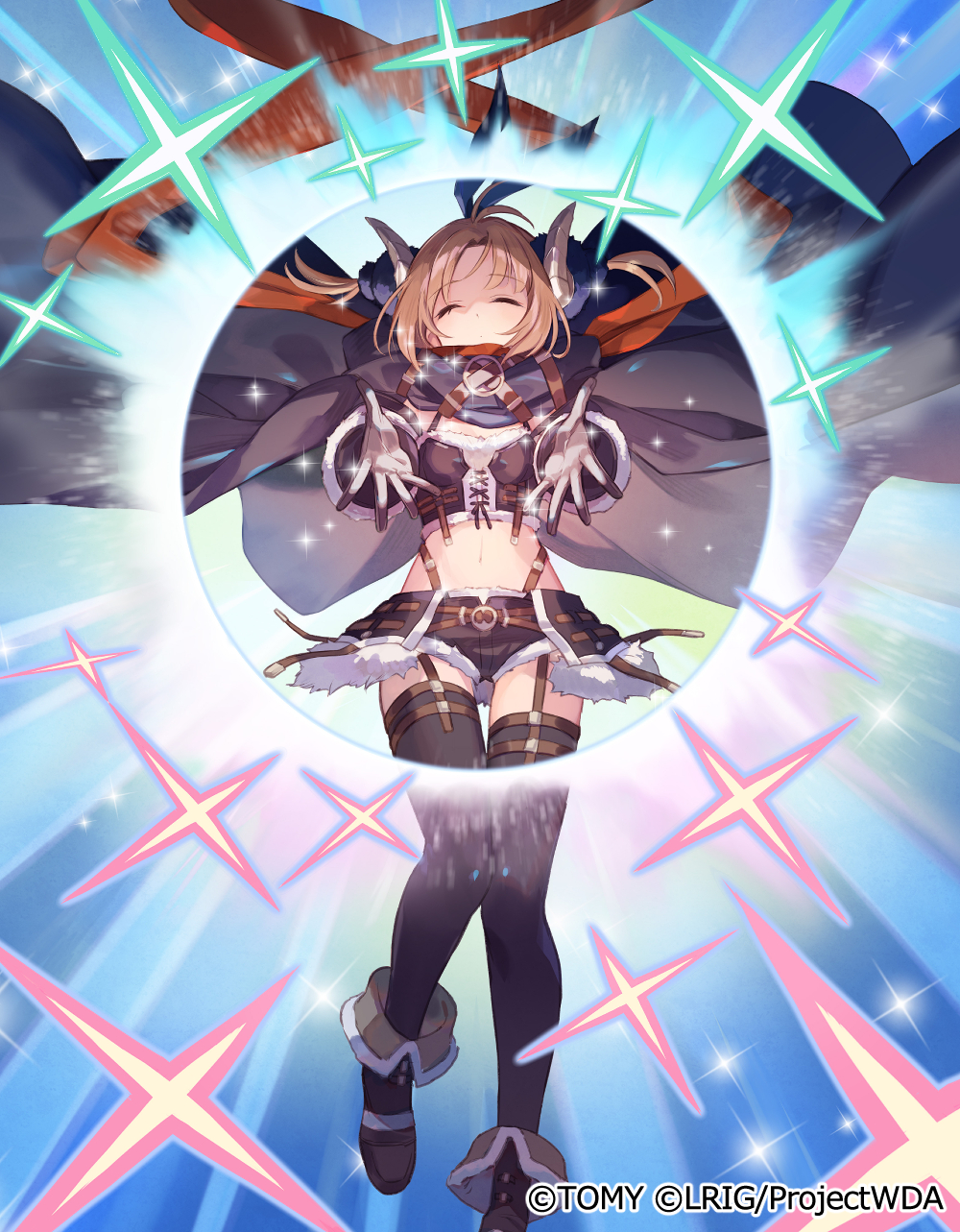 yuko (uc yuk), wixoss, character request, highres, official art, 1girl, ankle boots, black gloves, black jacket, black shoes, black skirt, black thighhighs, black tube top, boots, brown hair, closed eyes, closed mouth, copyright notice, gloves, jacket, outstretched arms, shoes, short hair, skirt, solo, strapless, thighhighs, tube top