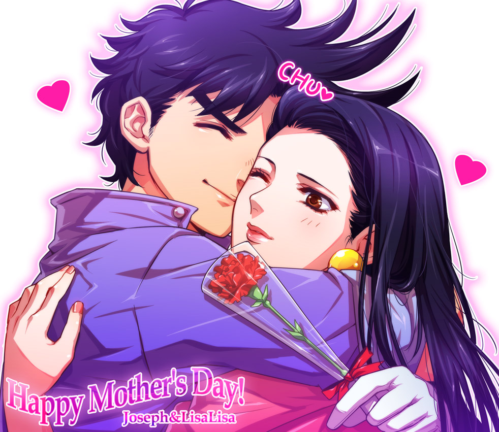tetsukuzu tetsuko, joseph joestar, joseph joestar (young), lisa lisa, battle tendency, jojo no kimyou na bouken, 1boy, 1girl, age difference, black hair, blue hair, carnation, character name, earrings, flower, gloves, heart, hetero, hug, jewelry, kiss, long hair, mother's day, mother and son, nail polish, pink nails, red carnation, red flower, red scarf, rose, scarf, white gloves
