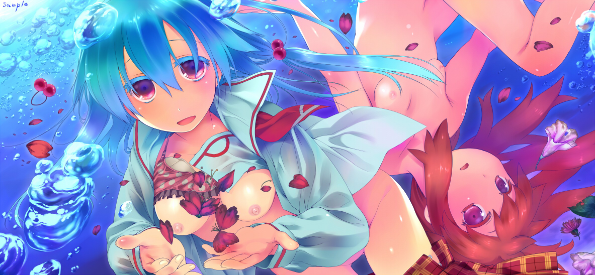 midori no ruupe, ninjin (garden), garden (midori no ruupe), commentary request, 2girls, blush, bra, bra lift, breasts, brown hair, clothes lift, clothes pull, cover, cover page, cowboy shot, falling petals, flower, hair between eyes, hitsuji (garden), in water, leg up, long hair, long sidelocks, long sleeves, looking at viewer, low twintails, manga cover, medium breasts, multiple girls, navel, nipples, nude, open hands, open mouth, parted lips, petals, pink bra, plaid clothes, plaid skirt, pleated skirt, purple eyes, red eyes, red flower, red skirt, sailor collar, school uniform, serafuku, shirt, shirt lift, sidelocks, skirt, skirt pull, small breasts, smile, twintails, underwear, upper body, upside-down, water