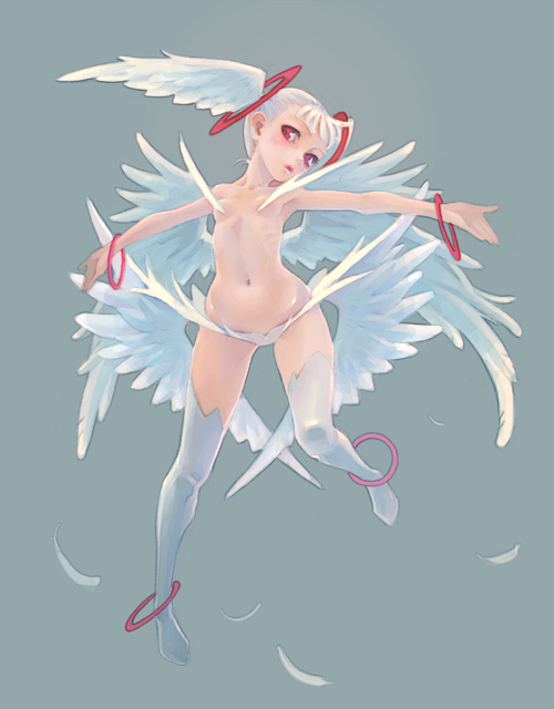 weno, original, 1girl, blonde hair, feathers, female focus, full body, grey background, head tilt, head wings, low wings, no bra, red eyes, simple background, solo, stomach, thighhighs, white thighhighs, wings