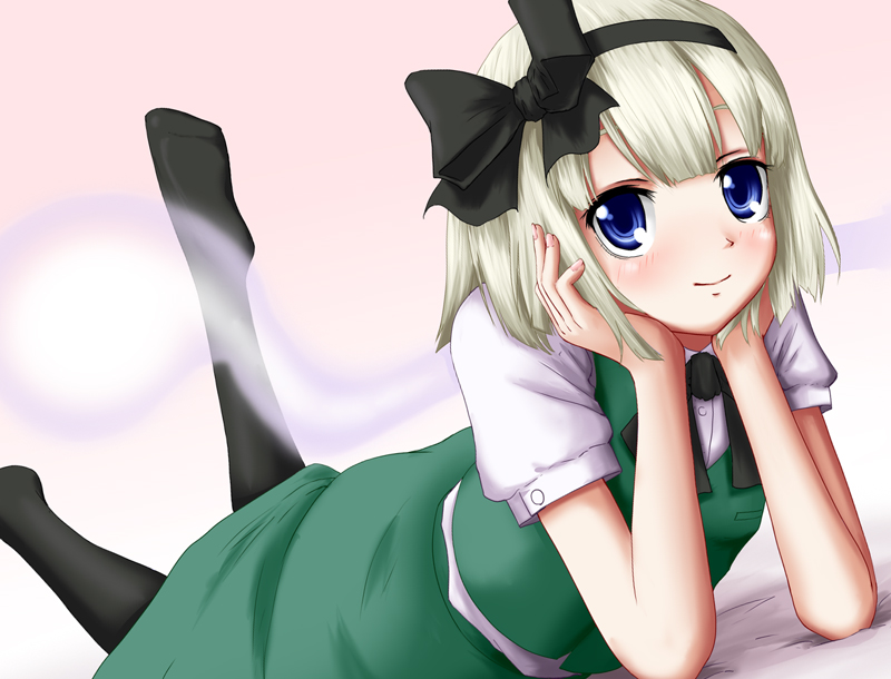 kirisaki (gin16k), kirisaki akihito, konpaku youmu, konpaku youmu (ghost), touhou, silver hair, bad id, bad pixiv id, 1girl, black pantyhose, blue eyes, female focus, hairband, hitodama, pantyhose, short hair, solo